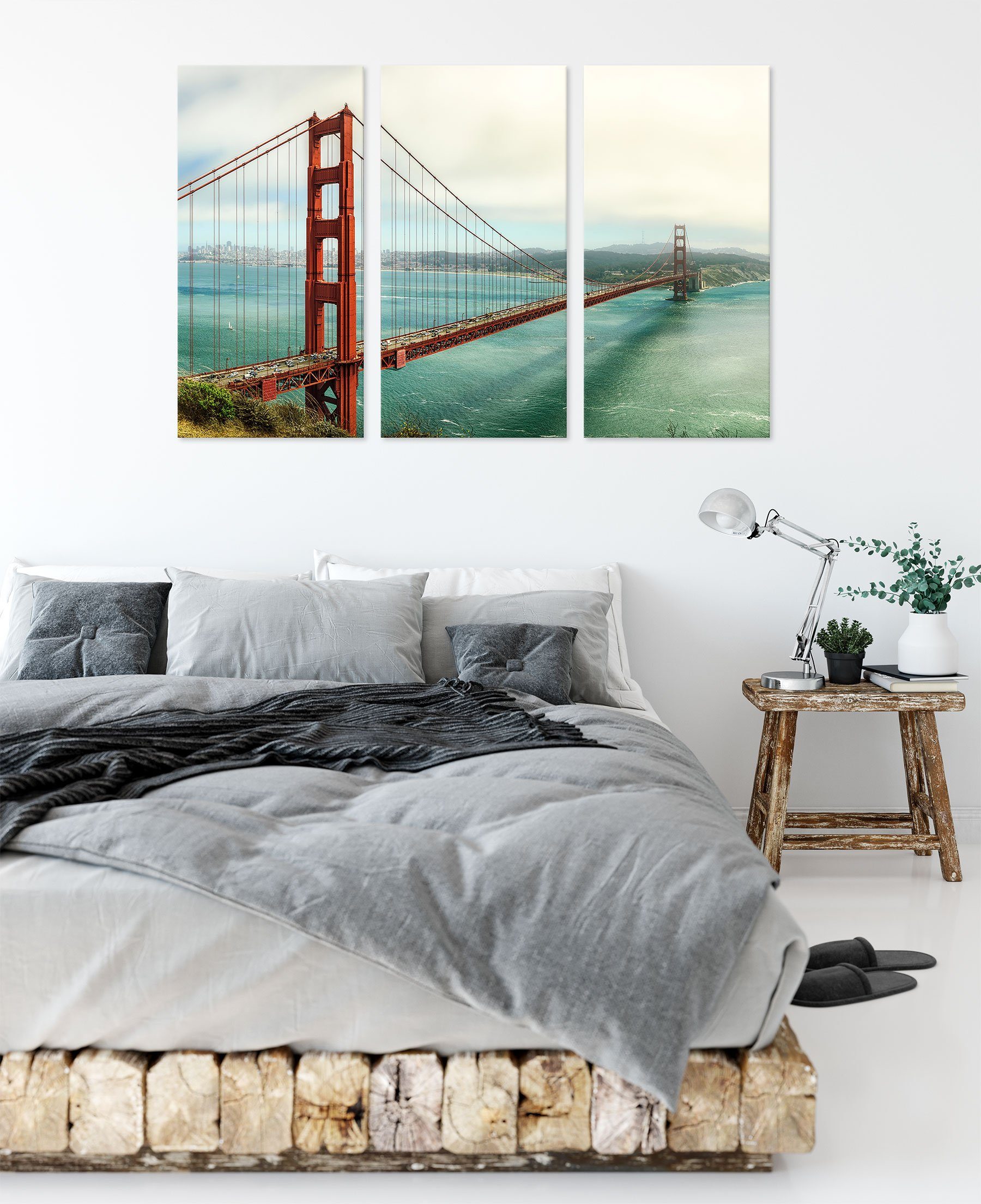 Zackenaufhänger Bridge inkl. Gate Golden Gate St), (1 fertig 3Teiler Pixxprint bespannt, (120x80cm) Golden Leinwandbild Bridge, Leinwandbild