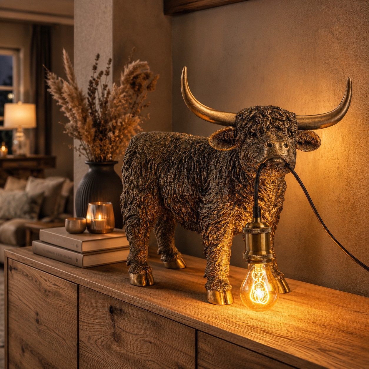 formano Tischleuchte Hochlandrind Lampe Stimmungslampe Antik-Goldfarben Ambientbeleuchtung, Ohne Leuchtmittel