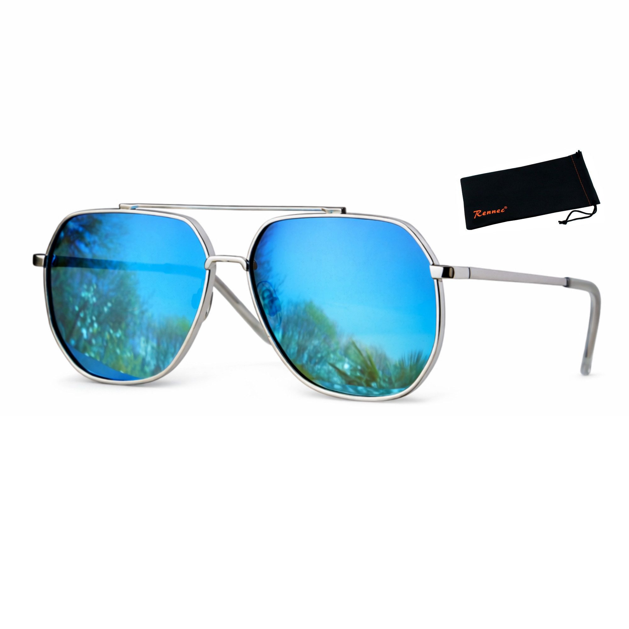 Rennec Sonnenbrille (Pilotenbrille Oversize Unisex Gestell Silber, Piloten Sonnenbrille XL Groß Eckig Damen Herren) Flachglas Gläser Blau Verspiegelt