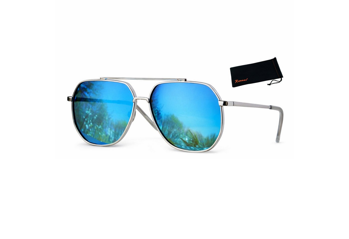 Rennec Sonnenbrille Herren Damen Pilotenbrille Große Oversize Gläser Eckig Gläser Blau Verspiegelt, Flachglas, Edelstahl Gestell