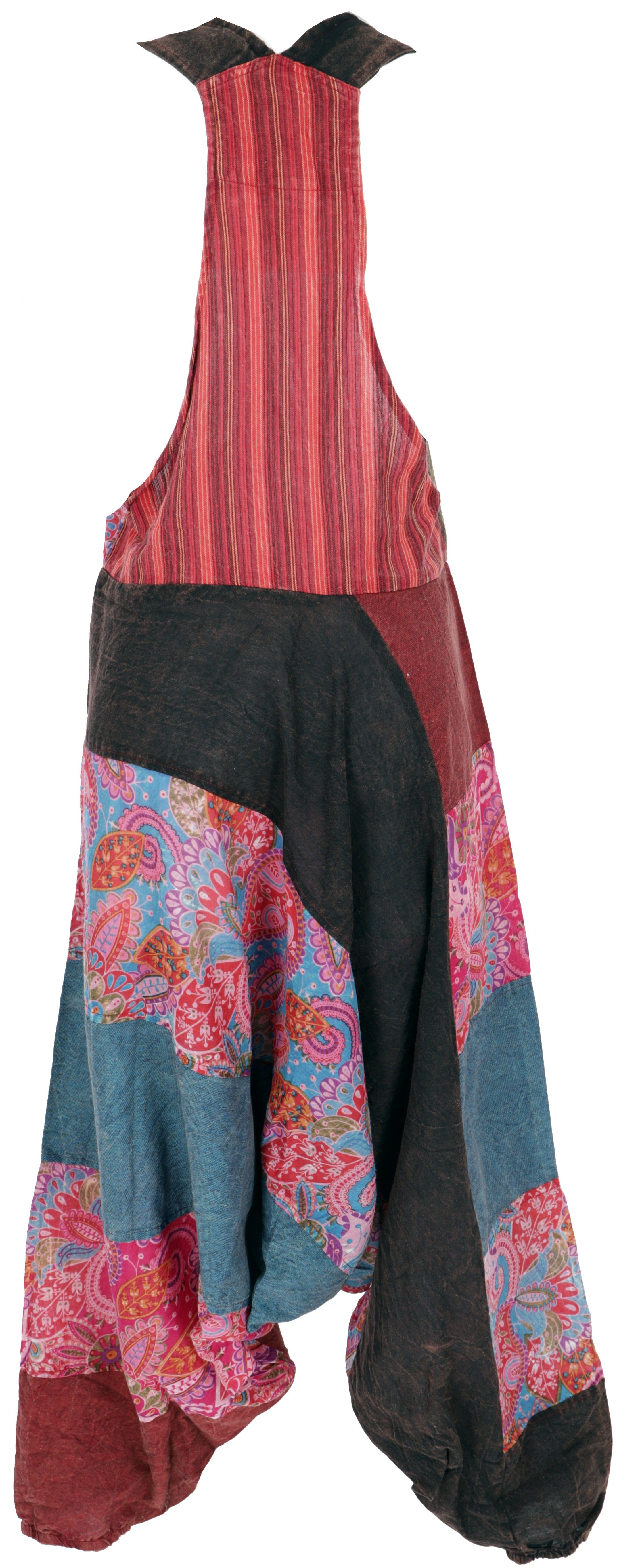 Guru-Shop Relaxhose Unikat Style, Patchwork alternative Latzhose, bunter.. weinrot Boho Bekleidung Ethno