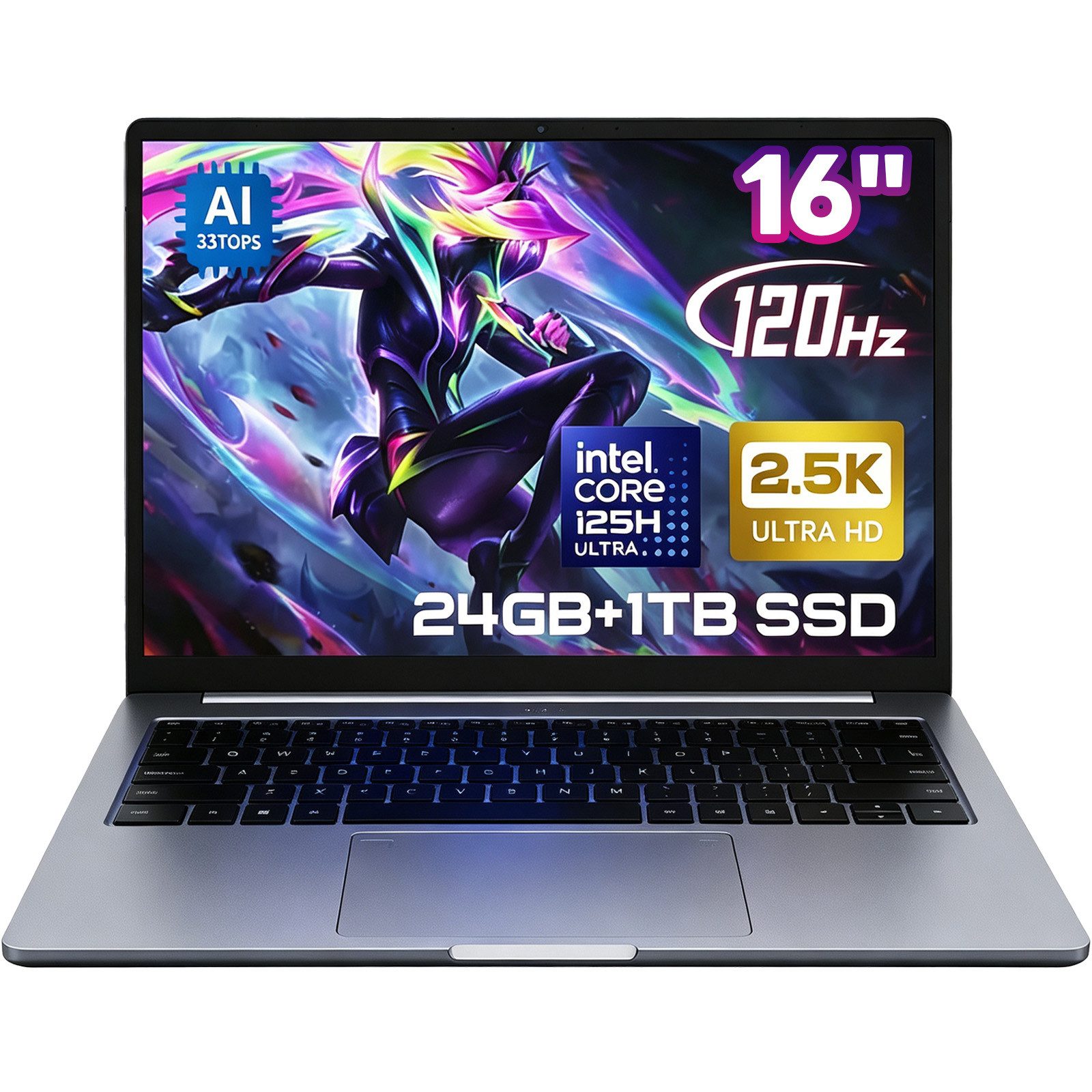 Ninkear 16" AI Laptop,Intel Core Ultra 5 Processor 125H,24 GB RAM+1024 GB SSD Business-Notebook (Intel Intel® Core™ Ultra 5 Processor 125H, Intel® Arc™, 24 GB, 1024 GB SSD, Intel® Arc™, QWERTY Tastatur, SilberGrau)