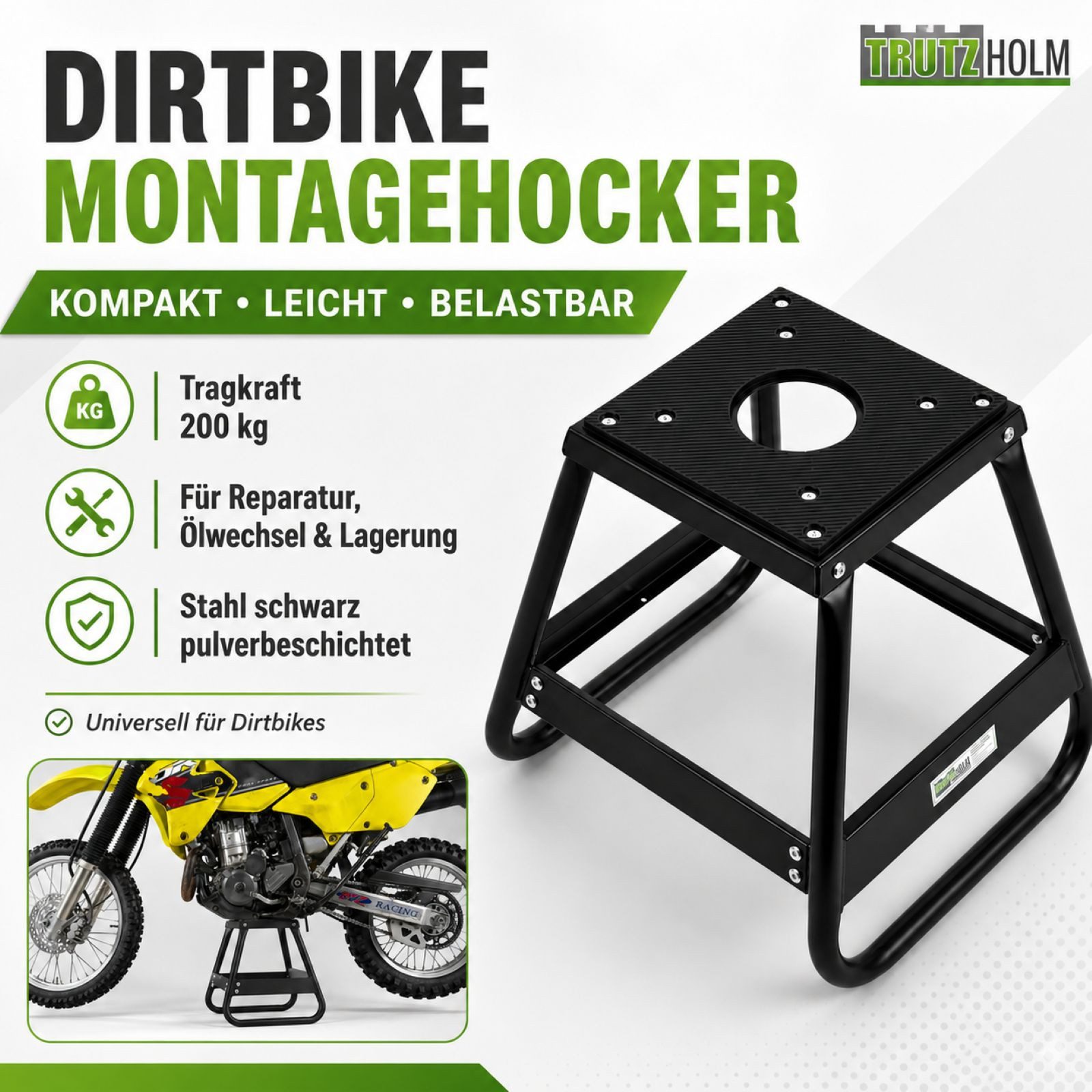 TRUTZHOLM Hydraulikheber Dirtbike Montagehocker 200 kg 400 mm schwarz pulverbeschichtet kompakt