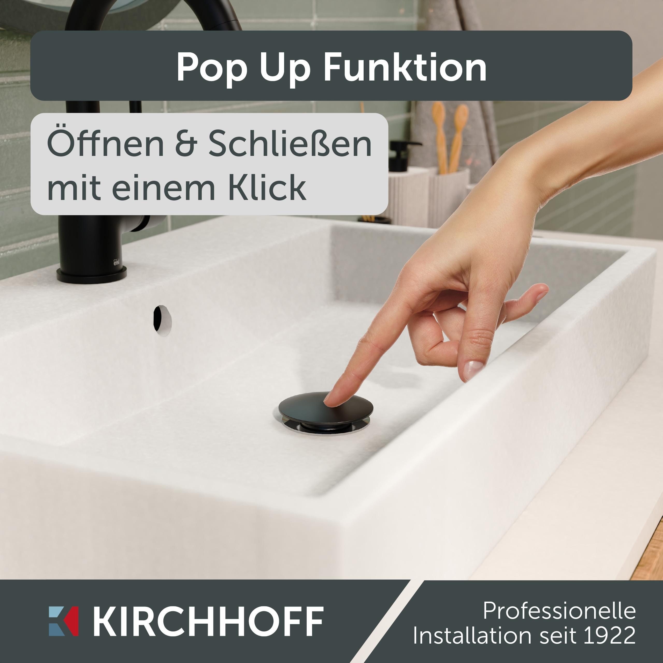 Kirchhoff Ablaufventil Design-Ablaufventil mit Überlauf, Ablauf Senkrecht, [1 1/4", Packung, Ablaufventil für Waschbecken & Waschtisch, Pop Up Ventil, Push-Open