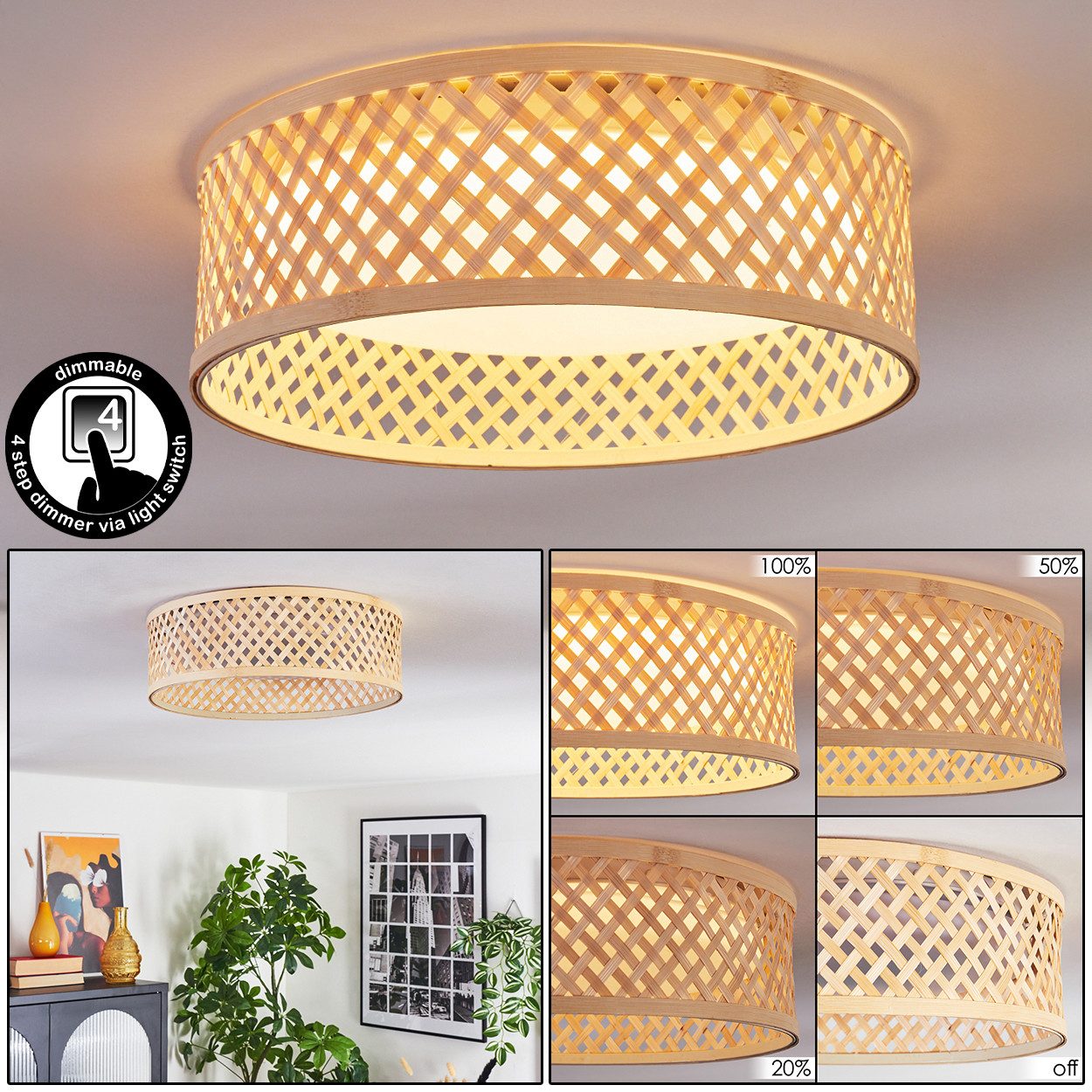 hofstein Deckenleuchte Deckenlampe aus Metall/Bambus/Kunststoff in Naturfarben/Weiß, ohne Leuchtmittel, Deckenleuchte Boho-Design, dimmbar über Wandschalter, 16W, 2000 Lumen