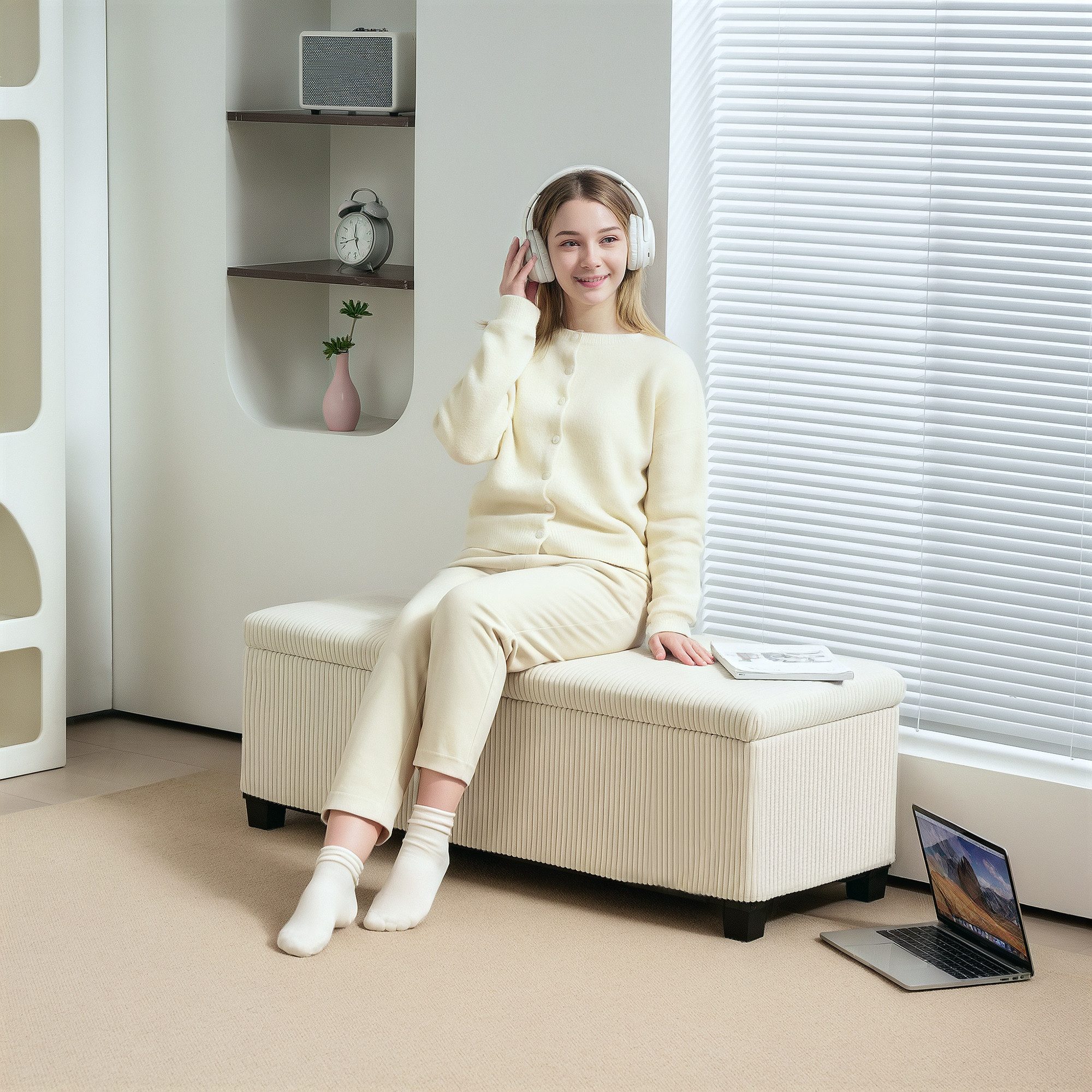 furnicato Sitztruhe Sitzbank mit Stauraum, Cord-Design, Stahlrahmen, Beige günstig online kaufen