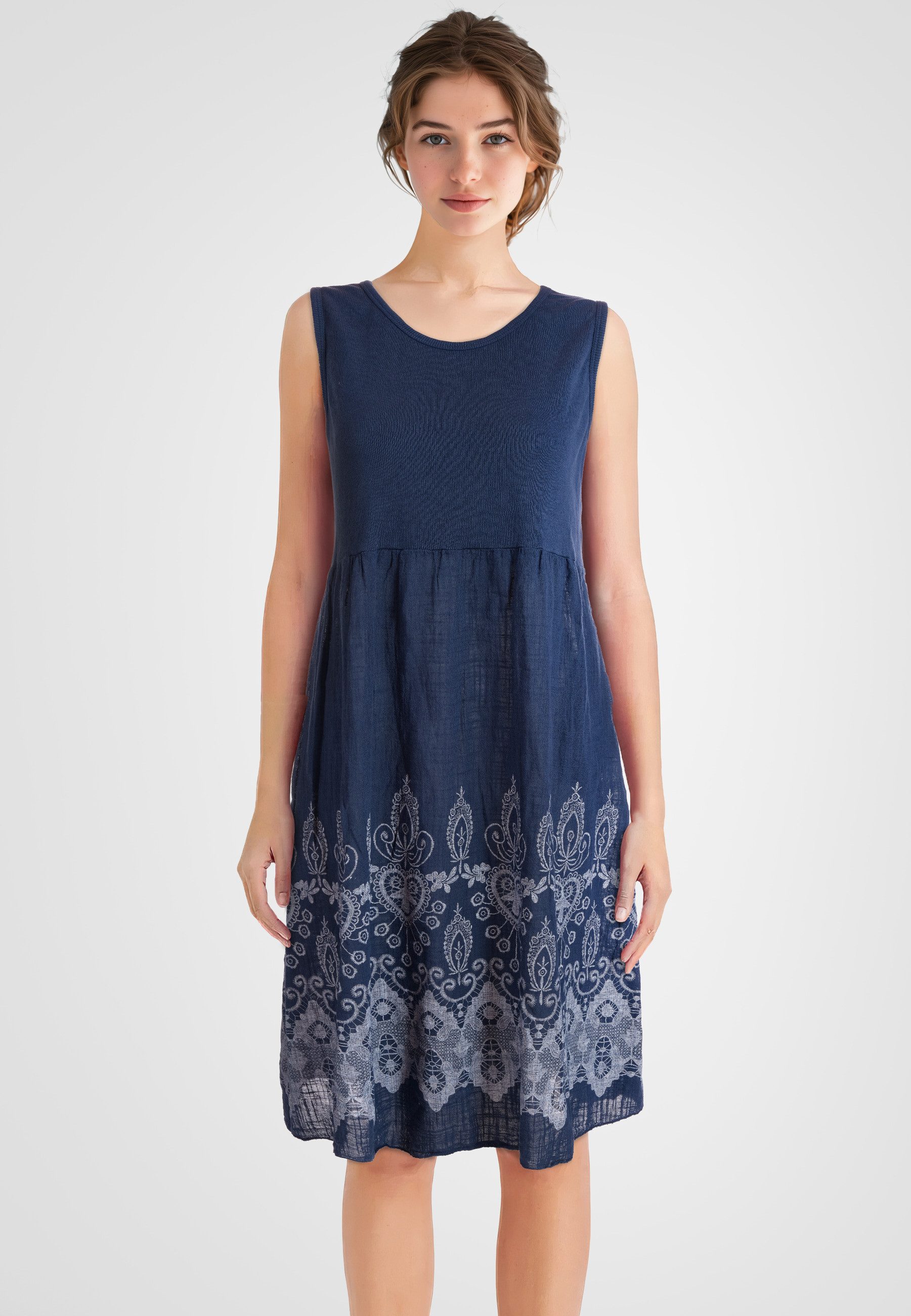 PEKIVESSA Sommerkleid Ärmelloses Trägerkleid aus Rippstrick Rockteil aus Baumwolle Webstoff