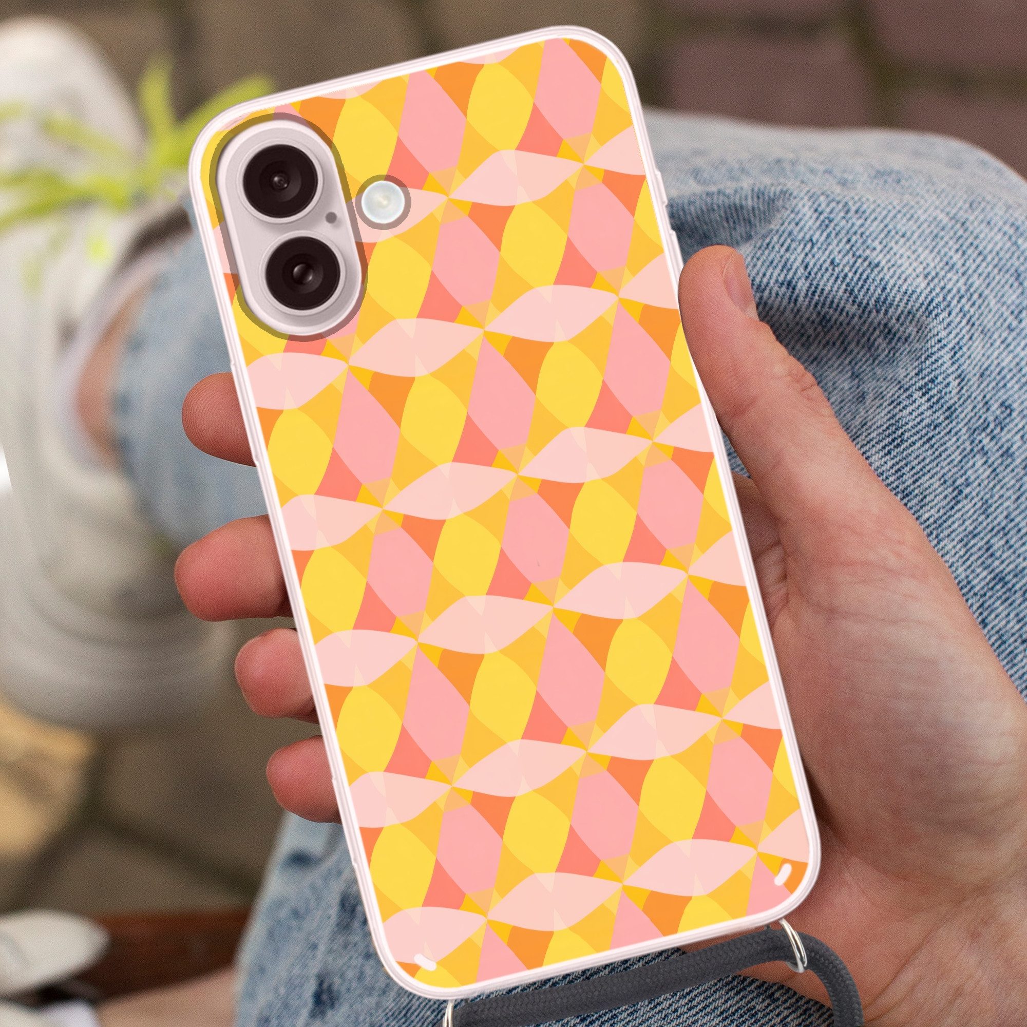 MuchoWow Handyhülle für Apple iPhone 16 Bunt - Schachbrettmuster - Blattformen, Tragbare Handyhüllen mit Kette zum umhängen, Handykette Handyband
