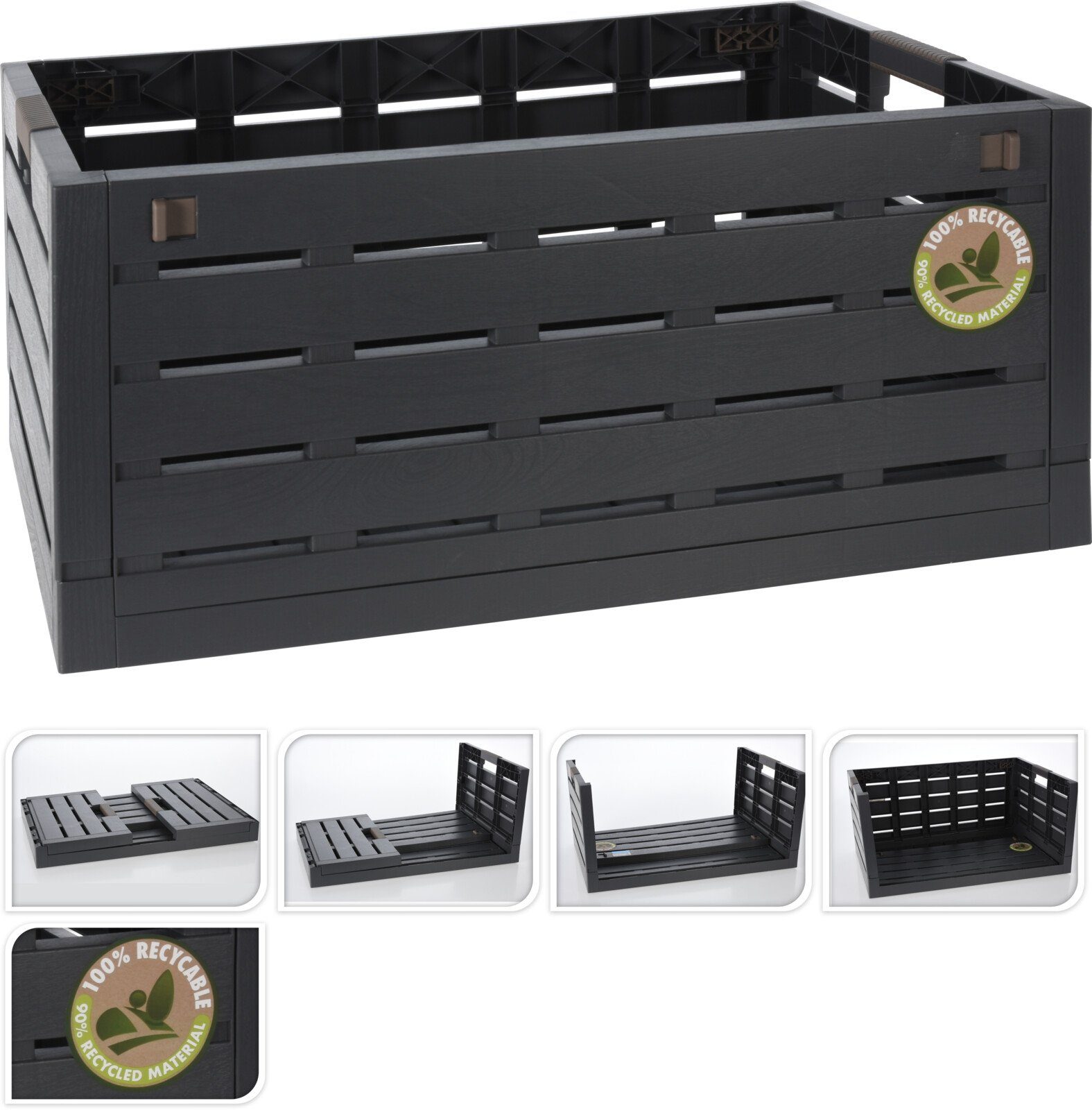 Koopman Klappbox Einkaufskiste Klappkiste Transportkiste 59x38x28cm 60L 2er Set, 60 l, Faltbar, 50kg belastbar, 2 Tragegriffe, Kunststoff, Schwarz