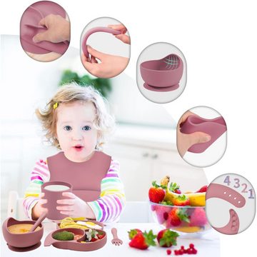 Lubgitsr Kinderbesteck Kinderteller Sets Rosa Baby Teller mit Saugnapf Silikon,Baby Essen Set (1-tlg)