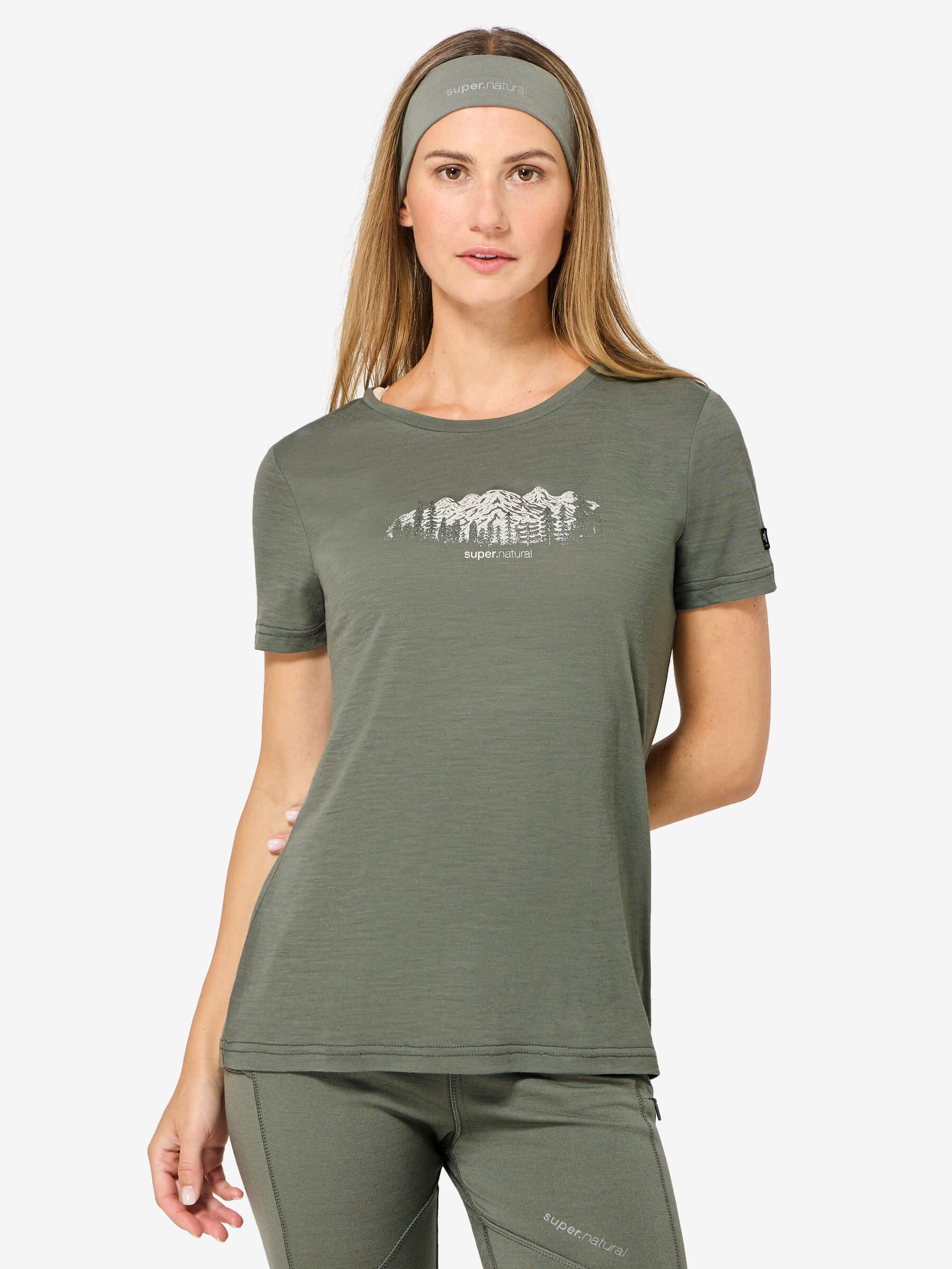 SUPER.NATURAL Print-Shirt für Damen, Merino W CANADIAN WOODS TEE mit Berg-Motiv, atmungsaktiv