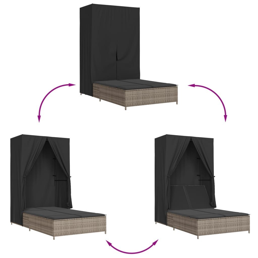 vidaXL Gartenliege Doppel-Sonnenliege mit Dach und Vorhängen Grau Poly Rattan, 1 St.