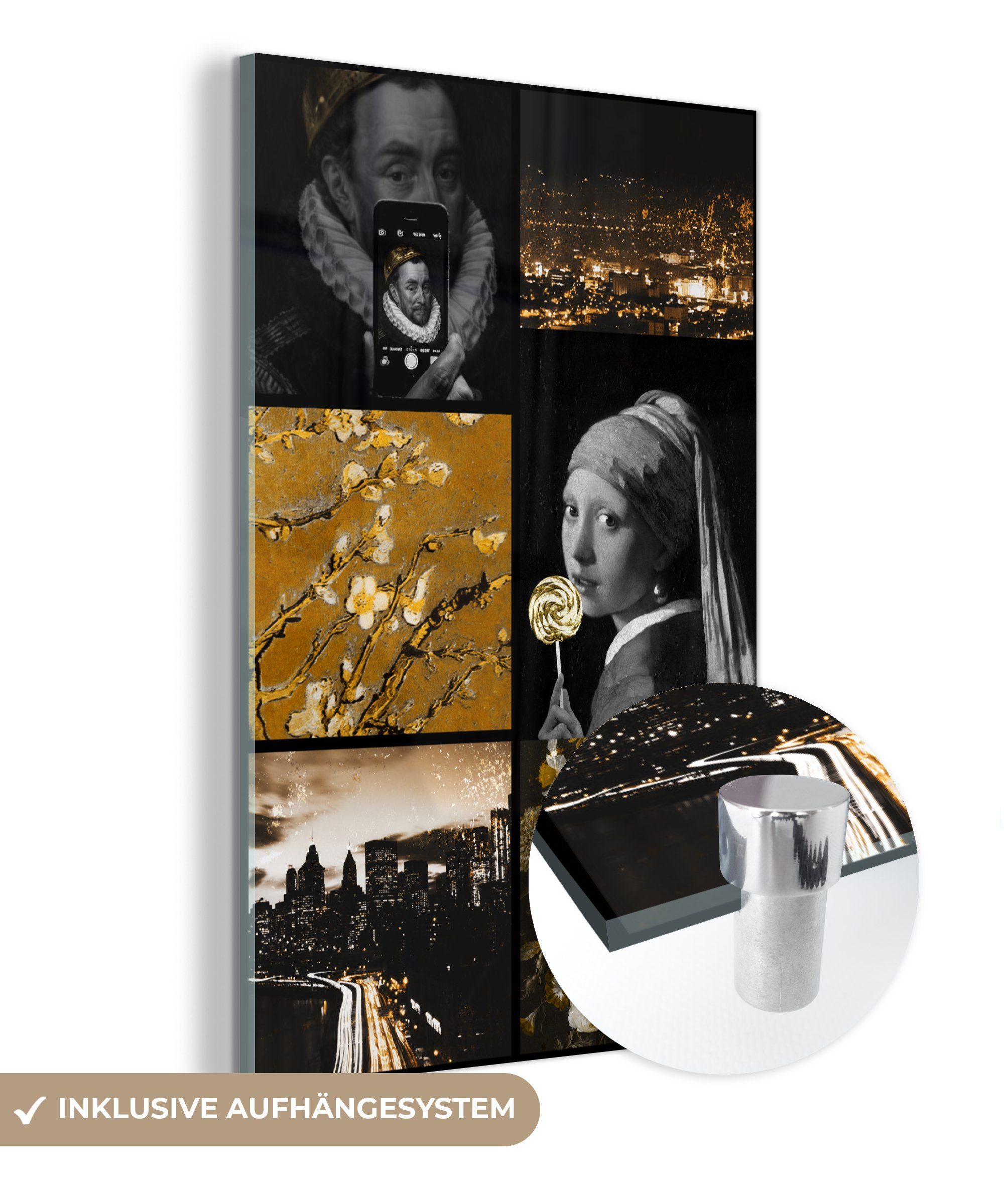 MuchoWow Acrylglasbild Collage - Kunst - Gold - Schwarz, (1 St), Glasbilder - Bilder auf Glas Wandbild - Foto auf Glas - Wanddekoration
