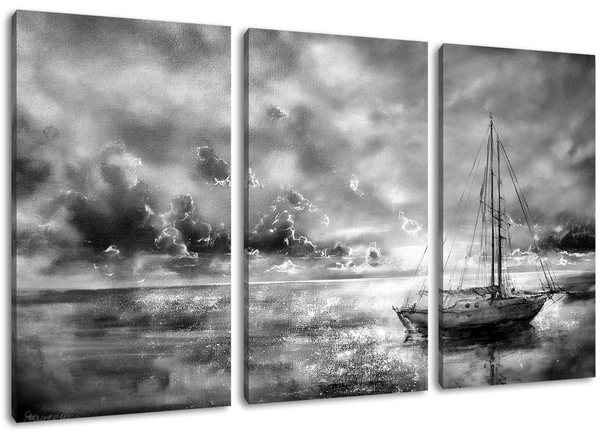 Pixxprint Leinwandbild Schönes Gemälde eines Bootes, Schönes Gemälde eines Bootes 3Teiler (120x80cm) (1 St), Leinwandbild fertig bespannt, inkl. Zackenaufhänger