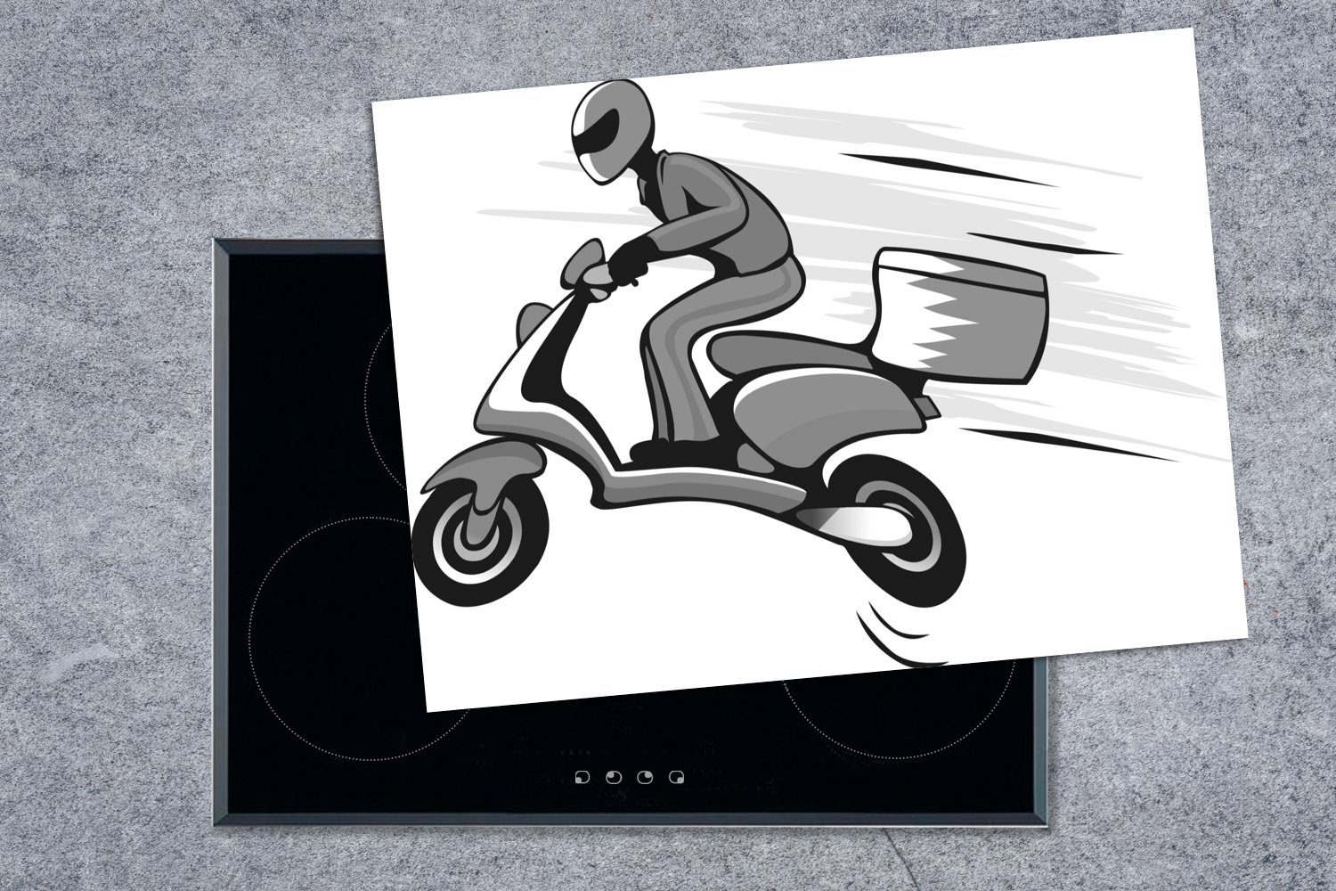 Geschwindigkeit eines bei MuchoWow (1 schwarz cm, Eine Herdblende-/Abdeckplatte Arbeitsfläche 70x52 Motorrollers Ceranfeldabdeckung und, nutzbar, - Illustration Mobile Vinyl, tlg),
