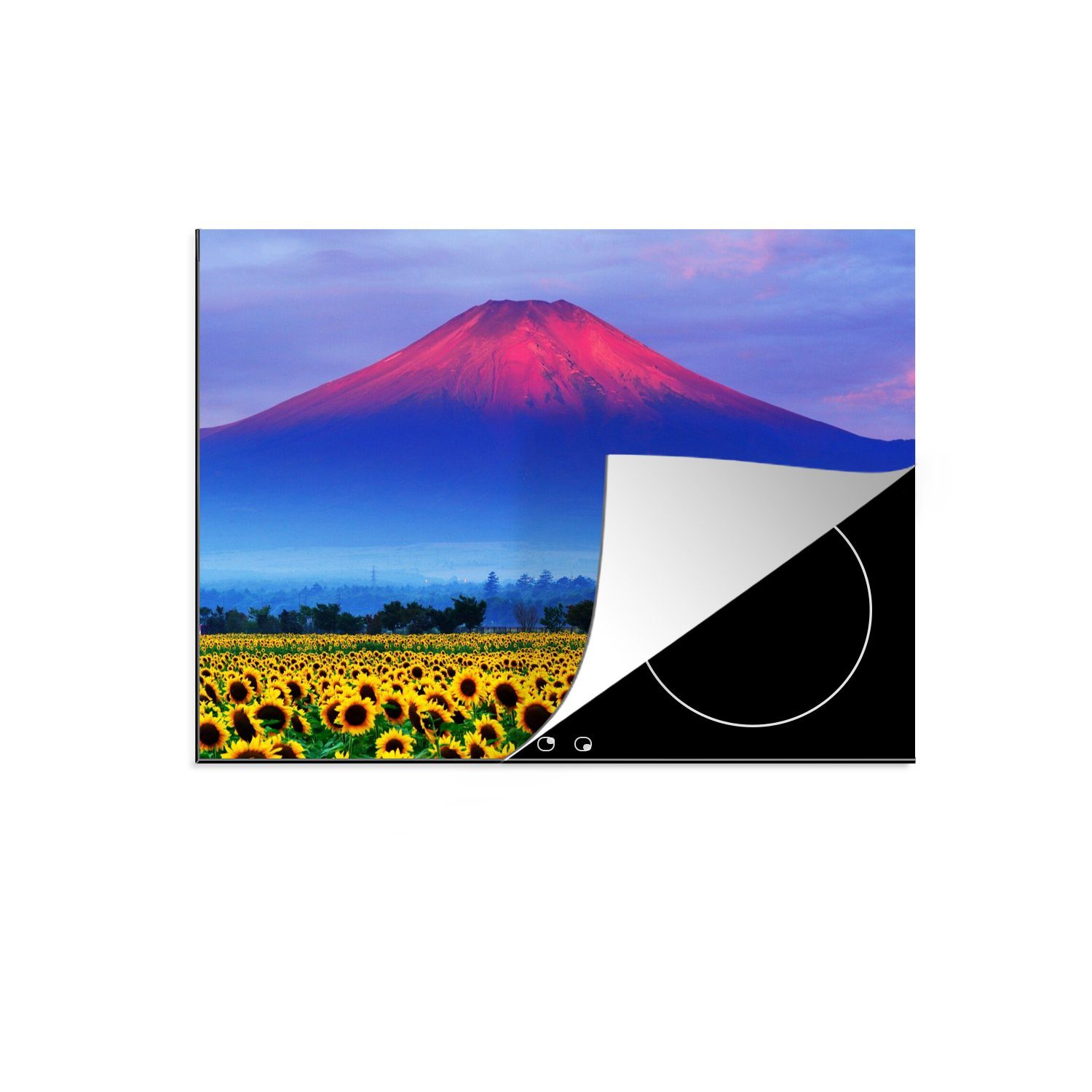 MuchoWow Herdblende-/Abdeckplatte Der farbenfrohe Fuji in Asien mit Sonnenblumen im Vordergrund, Vinyl, (1 tlg), 70x52 cm, Mobile Arbeitsfläche nutzbar, Ceranfeldabdeckung