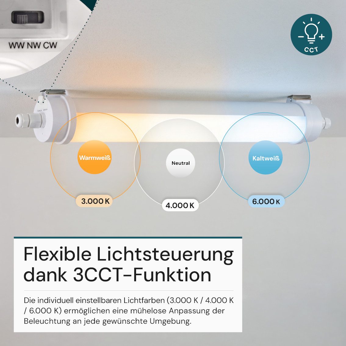 LUXULA LED Unterbauleuchte LUXULA LED Feuchtraumleuchte 64 cm 20 W CCT einstellbar Weiß, Farbwechsler