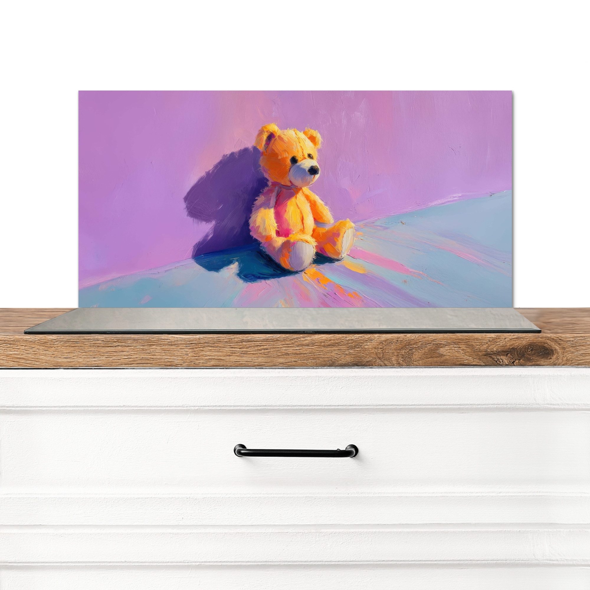 MuchoWow Küchenrückwand Teddybär - Schatten - Pinselstriche - Lila, (1-tlg), Rückwand Küche, Wandschutz, Deko, 70x30 cm
