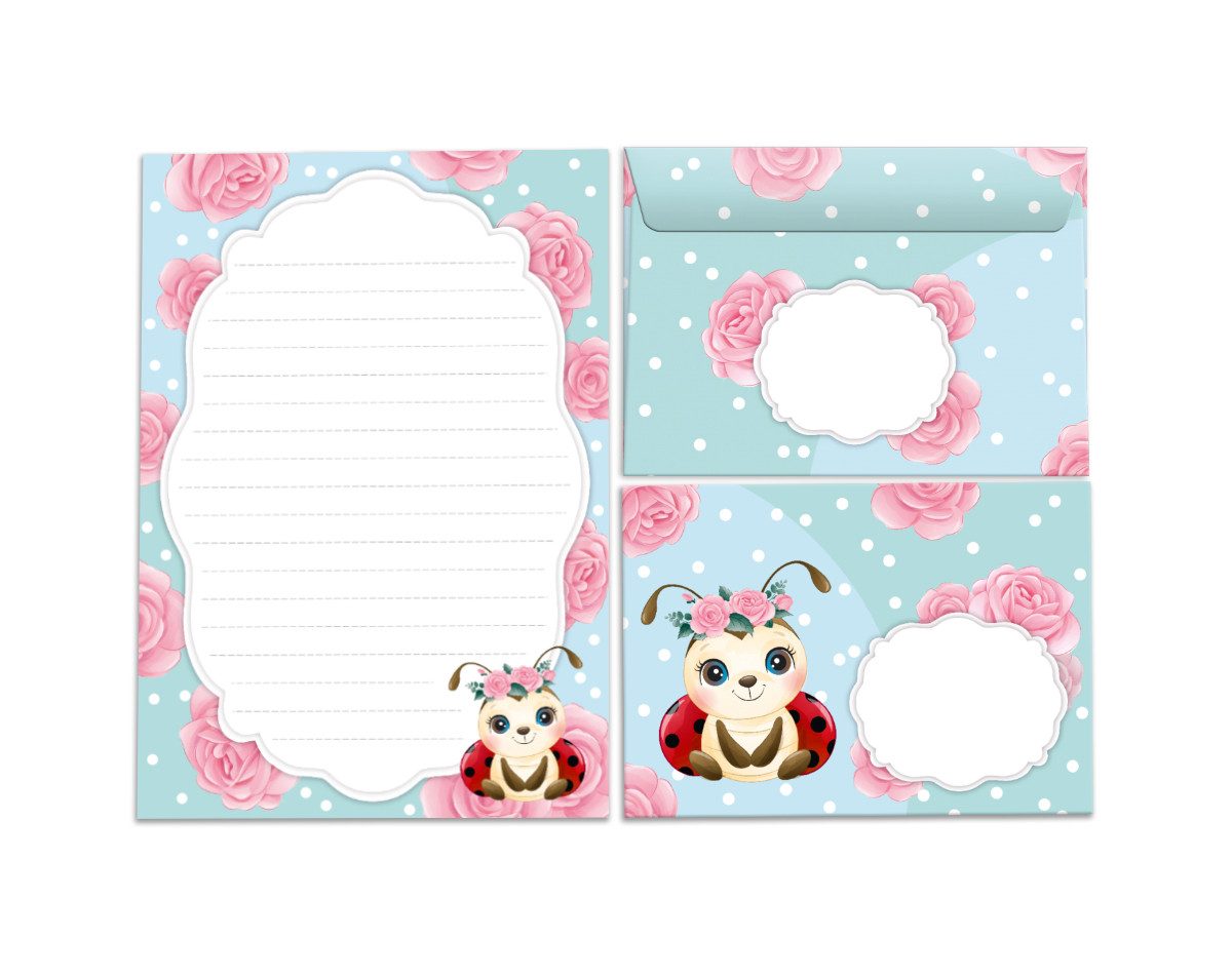 JUNAPACK Briefpapier Set Kinder Briefblock A5 mit Umschlägen Notizblock Papier Marienkäfer, Kinder-Briefpapier A5 mit 15 Umschlägen, liniert & leicht beschreibbar