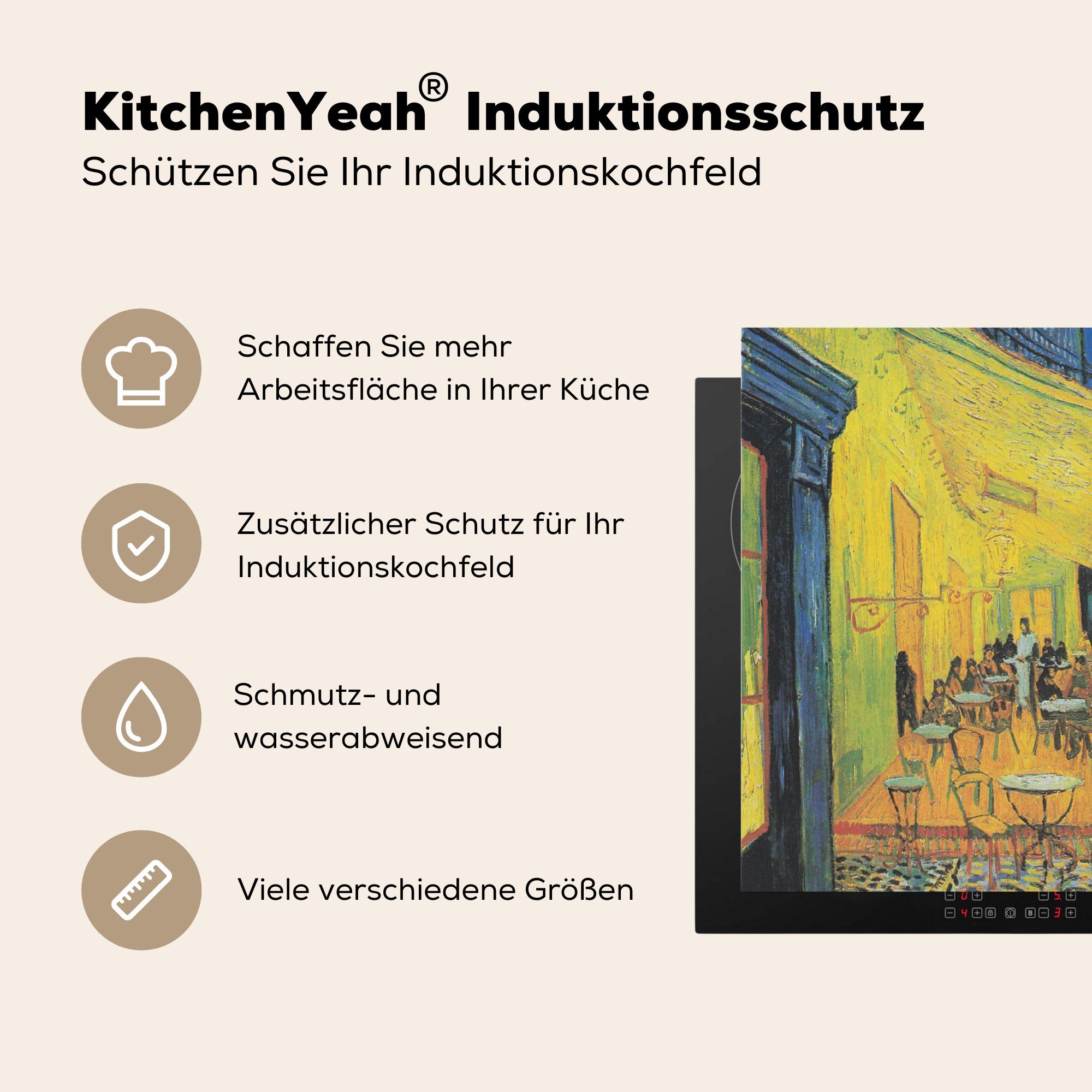 cm, 59x52 Induktionsmatte küche, Caféterrasse van Nacht MuchoWow Vincent tlg), - Herdblende-/Abdeckplatte bei Gogh, Ceranfeldabdeckung Vinyl, für die (1