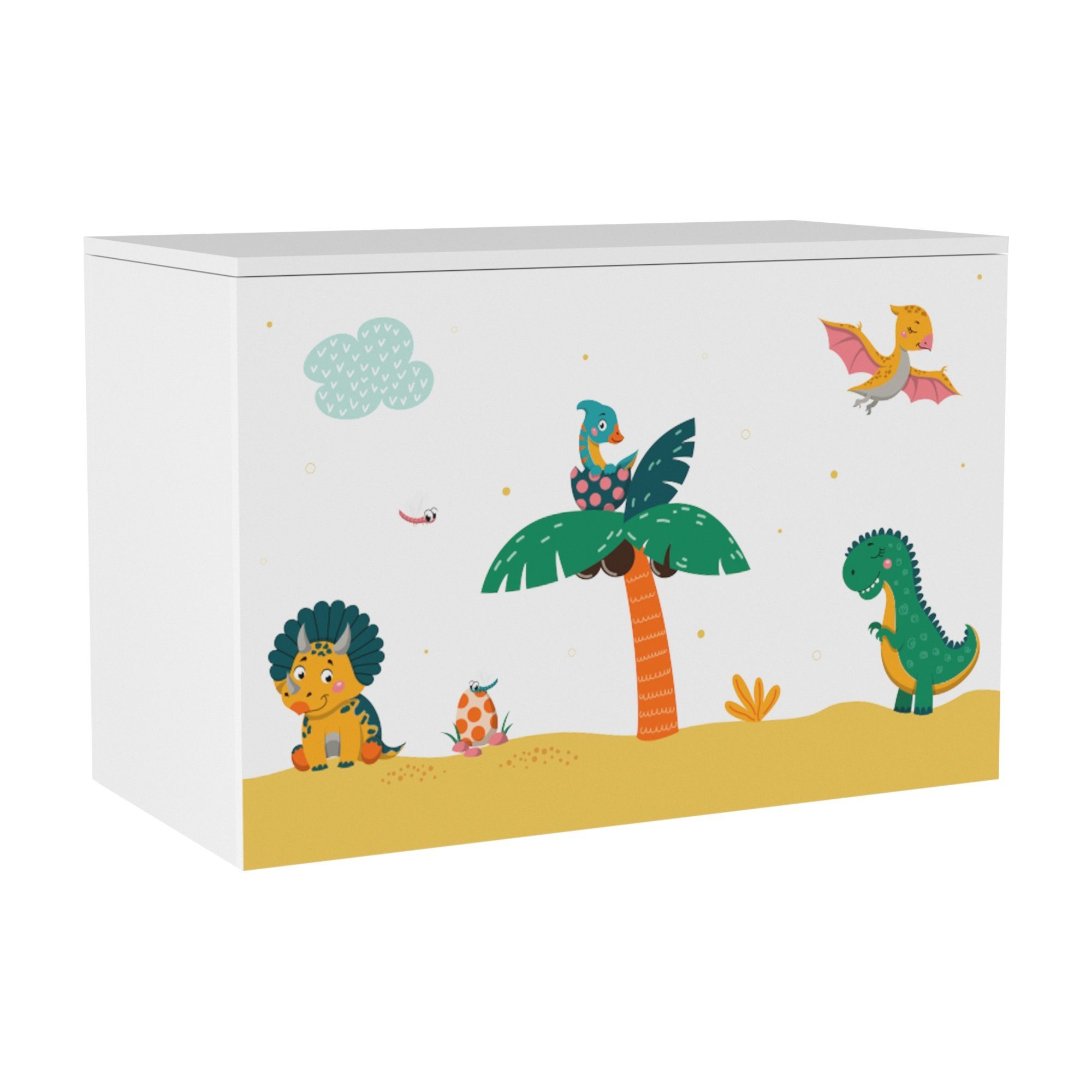 en.casa Spielzeugtruhe, »Oleiros« Dinosaurier-Motiv 40 x 60 x 30 cm Weiß/Grün/Gelb – Bild 5 von 5