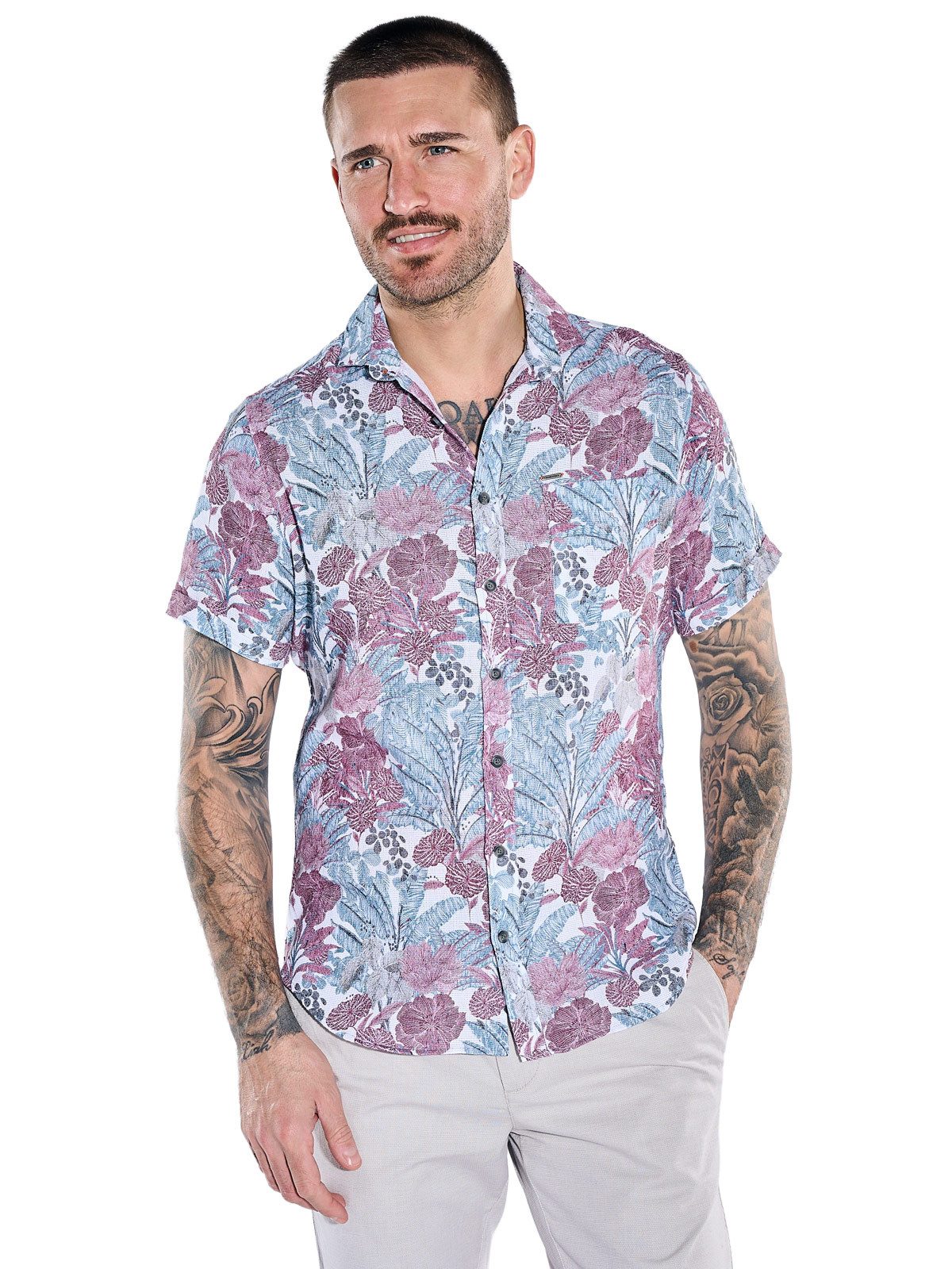emilio adani Kurzarmhemd Herren Kurzarmhemd mit Botanical Muster, Rosa