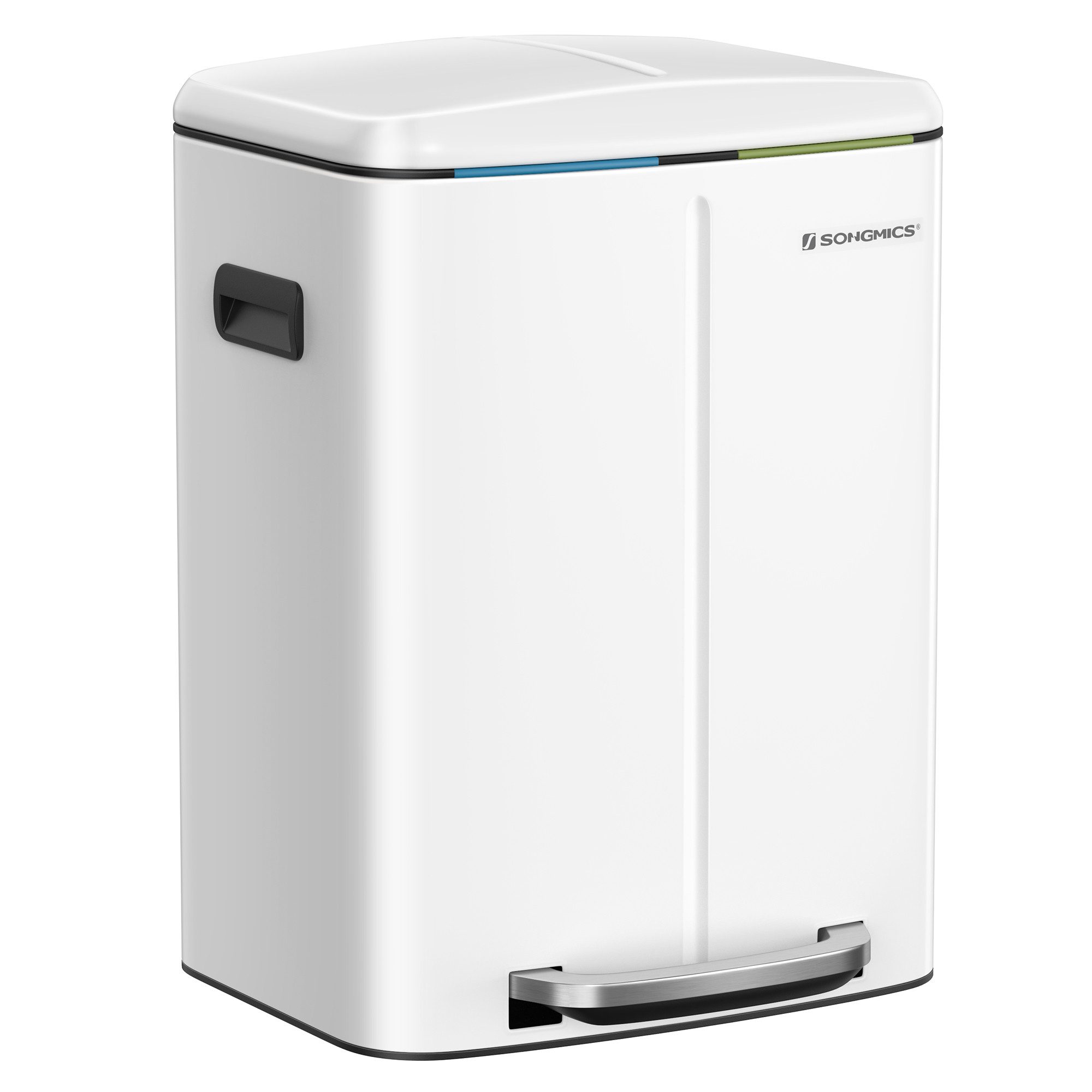 SONGMICS Mülleimer Küche, 2 x 20 L, Mülltrennsystem 2 Fächer, Treteimer, geruchsdicht, Abfalleimer Metall, Inneneimer aus Kunststoff, Softclose, weiß