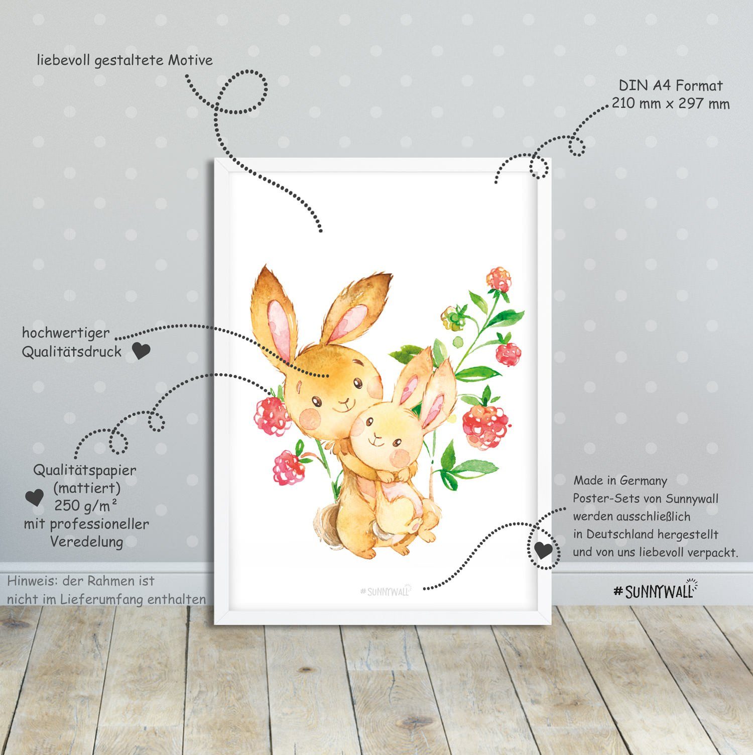 Sunnywall Poster Poster Kinderzimmer Waldtier Familie (4er Set), Waldtier Familie (Set, 4 St), ungerahmt