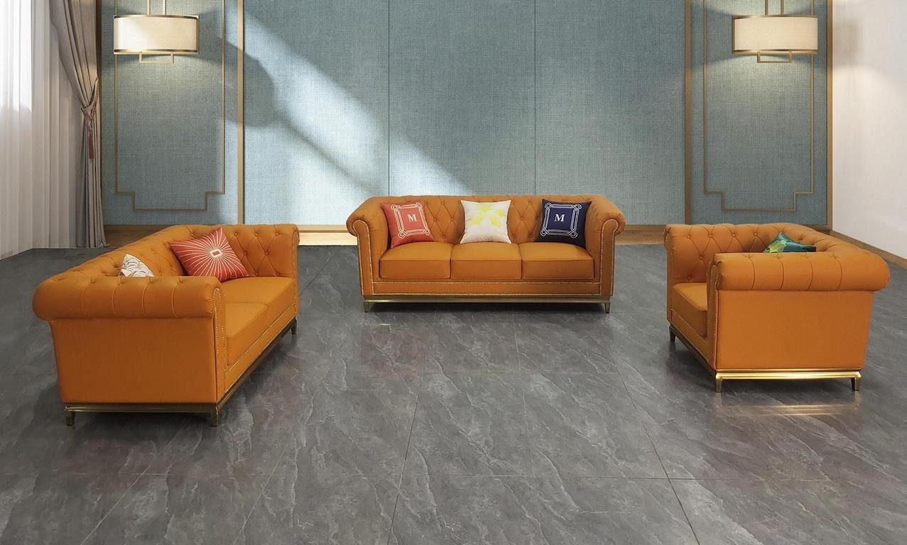 Sofa in Set Sofa JVmoebel Luxus Braun Chesterfield Made Europe Orange Garnitur Wohnzimmer 3+2+1,