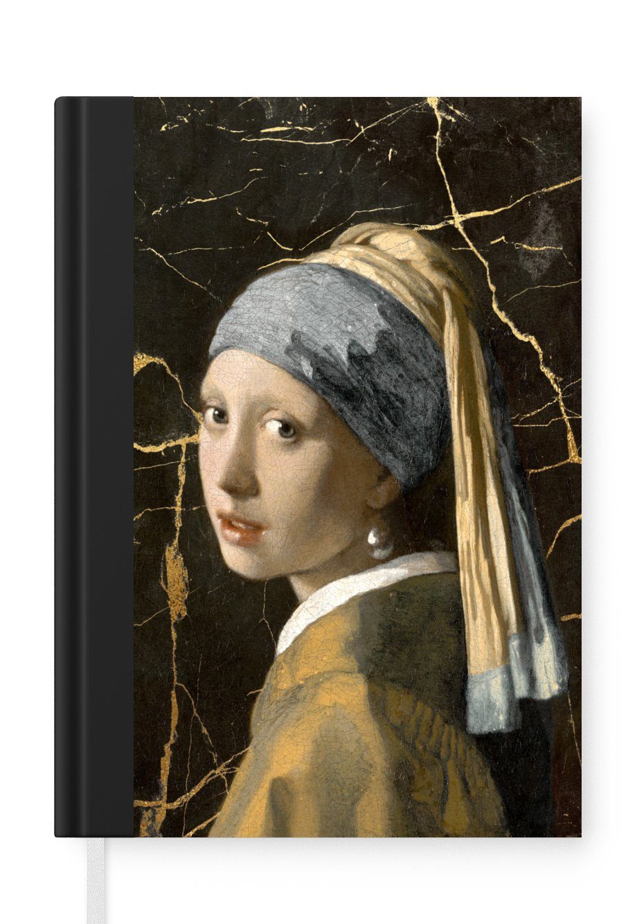 MuchoWow Notizbuch Mädchen mit einem Perlenohrring - Johannes Vermeer - Gold, Journal, Merkzettel, Tagebuch, Notizheft, A5, 98 Seiten, Haushaltsbuch