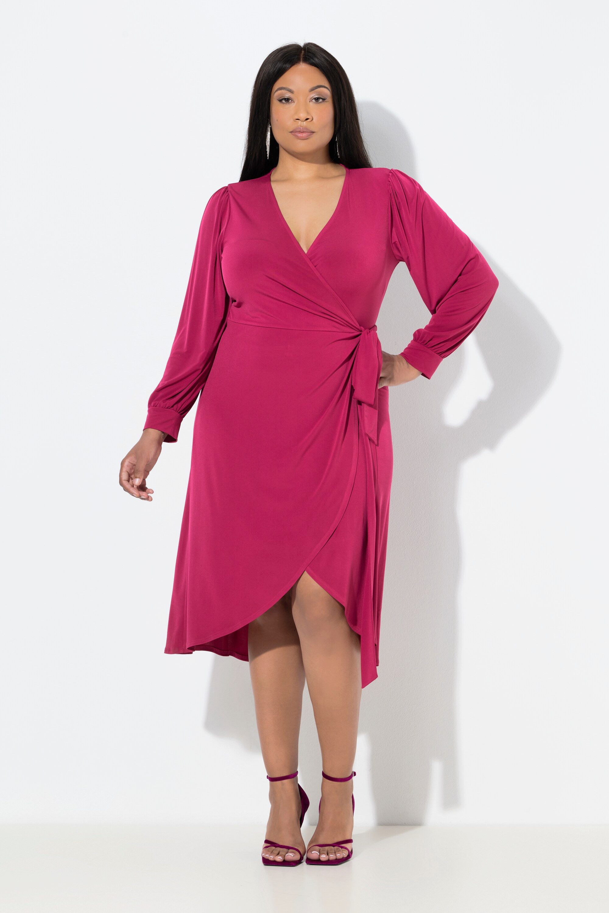 Ulla Popken Etuikleid Midi-Wickelkleid Bindegürtel V-Ausschnitt günstig online kaufen