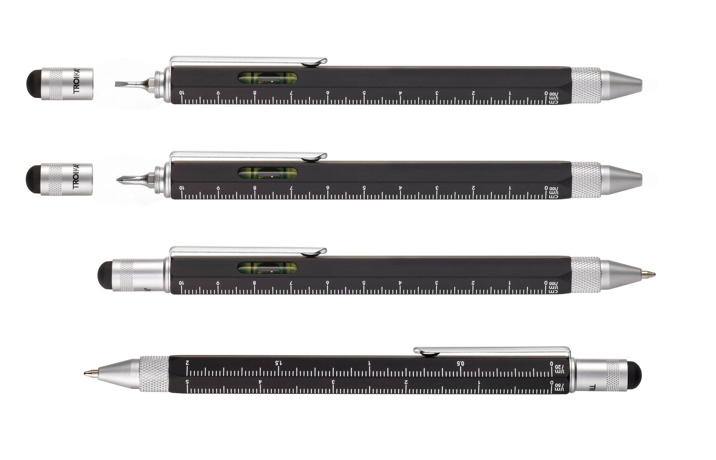 TROIKA Kugelschreiber CONSTRUCTION – 6-in-1 mit Wasserwaage, Schraubendreher & Lineal, (1-tlg., in verschiedenen Farben, schwarze Mine), Multifunktionsstift mit Stylus, Geschenk für Männer & Heimwerker