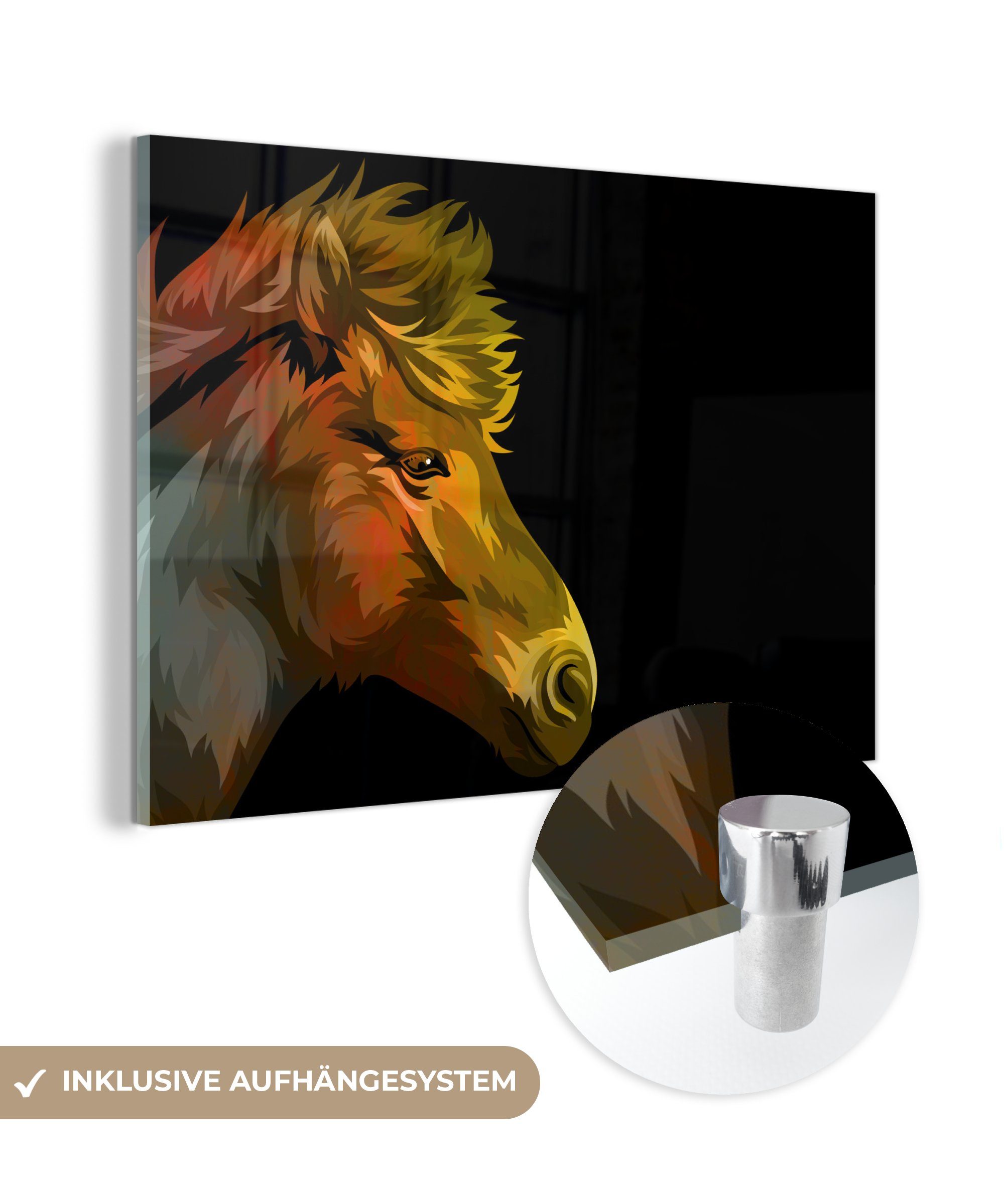 MuchoWow Acrylglasbild Pferd - Gelb - Schwarz - Mädchen - Kinder - Mädchen, (1 St), Glasbilder - Bilder auf Glas Wandbild - Foto auf Glas - Wanddekoration