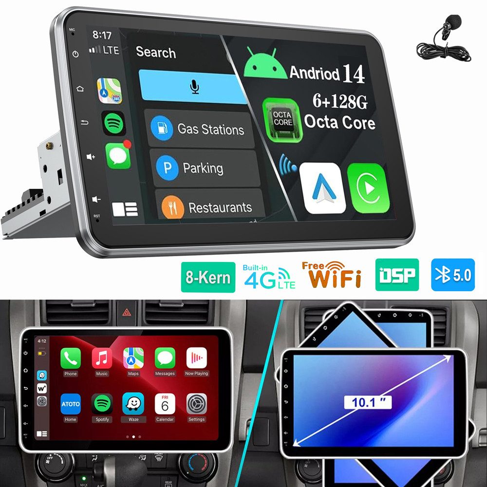 ESSGOO 8-Kern 6GB+128GB Android 14 GPS 1 DIN 360° Drehbar Bildschirm Autoradio (Digitalradio (DAB), RDS, FM, AM, Carplay Android Auto GPS Navi WIFI BT)