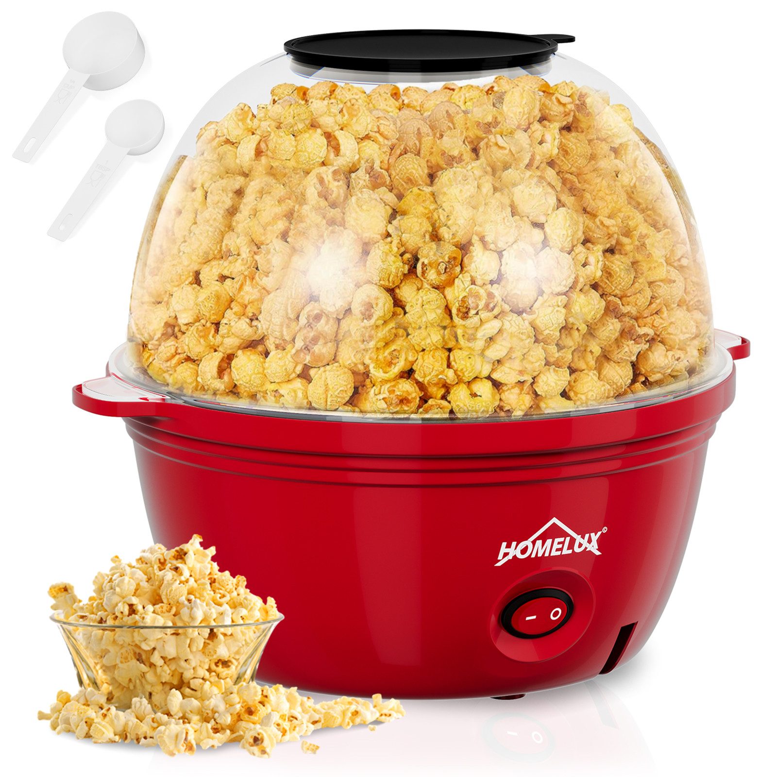 HOMELUX 2-in-1-Popcornmaschine 2.5L Popcorn Maker 450W inkl. 2 Löffel 3 Minuten Schnell Snack Popper, Deckel als Servierschale, Automatisches Rühren, Mini & Retro-Design
