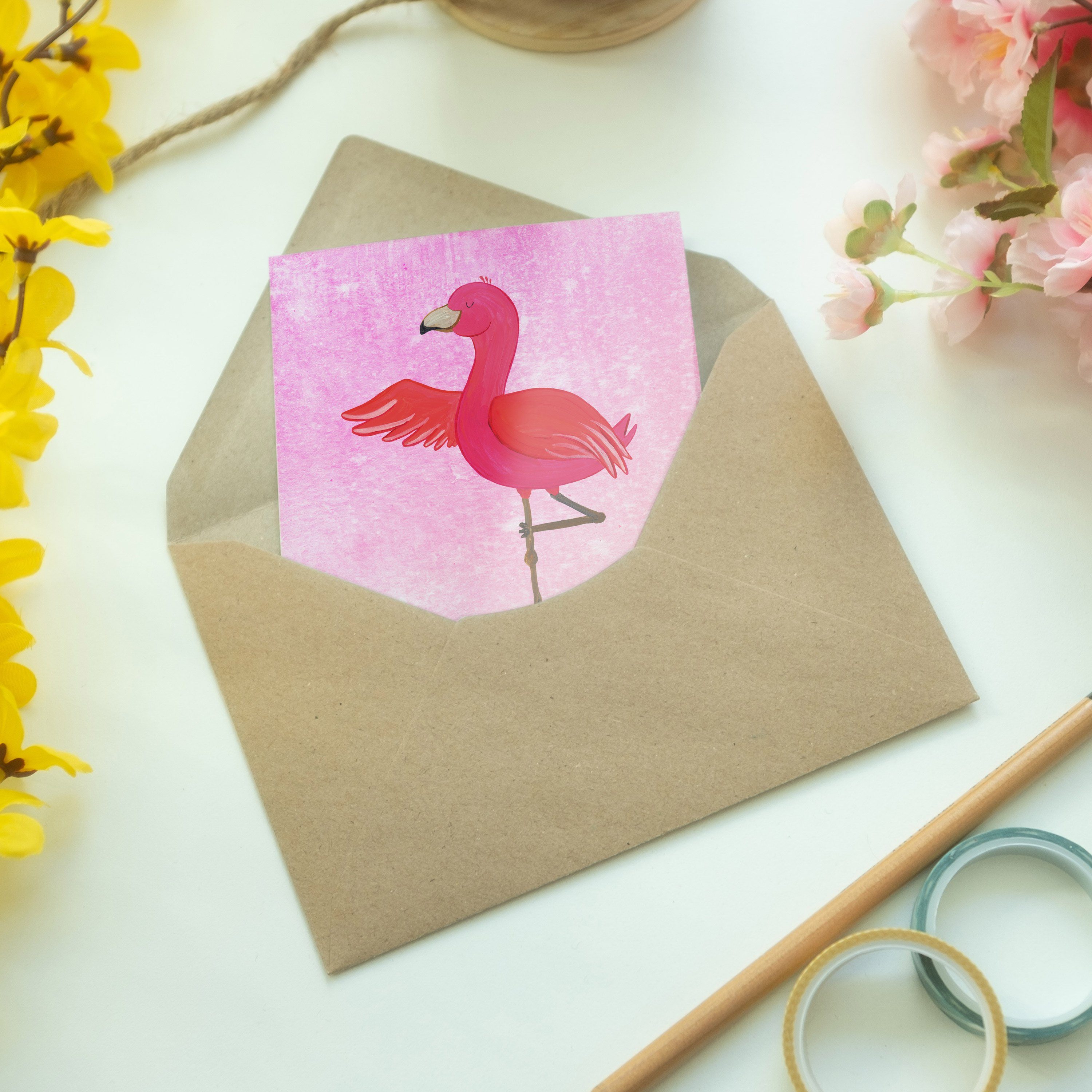 Glückwunschkarte, Aquarell Rosa, Flamingo Panda Mrs. Grußkarte Geschenk, - & Yoga - Mr. Kla Pink