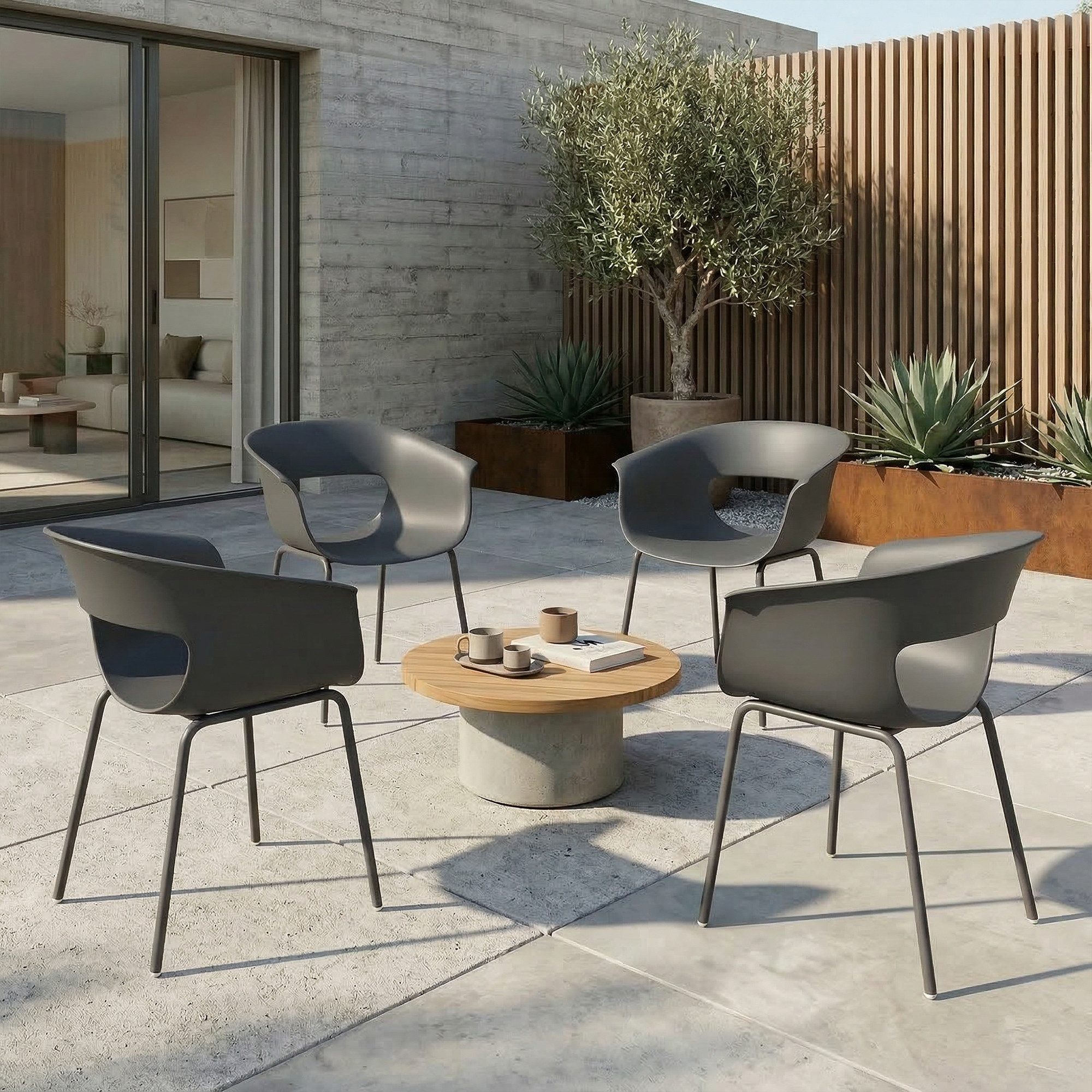 Outsunny Gartenstuhl mit Ausschnittdesign, Armlehne (Gartenstühle, 4 St), für Garten Balkon Terrasse Dunkelgrau