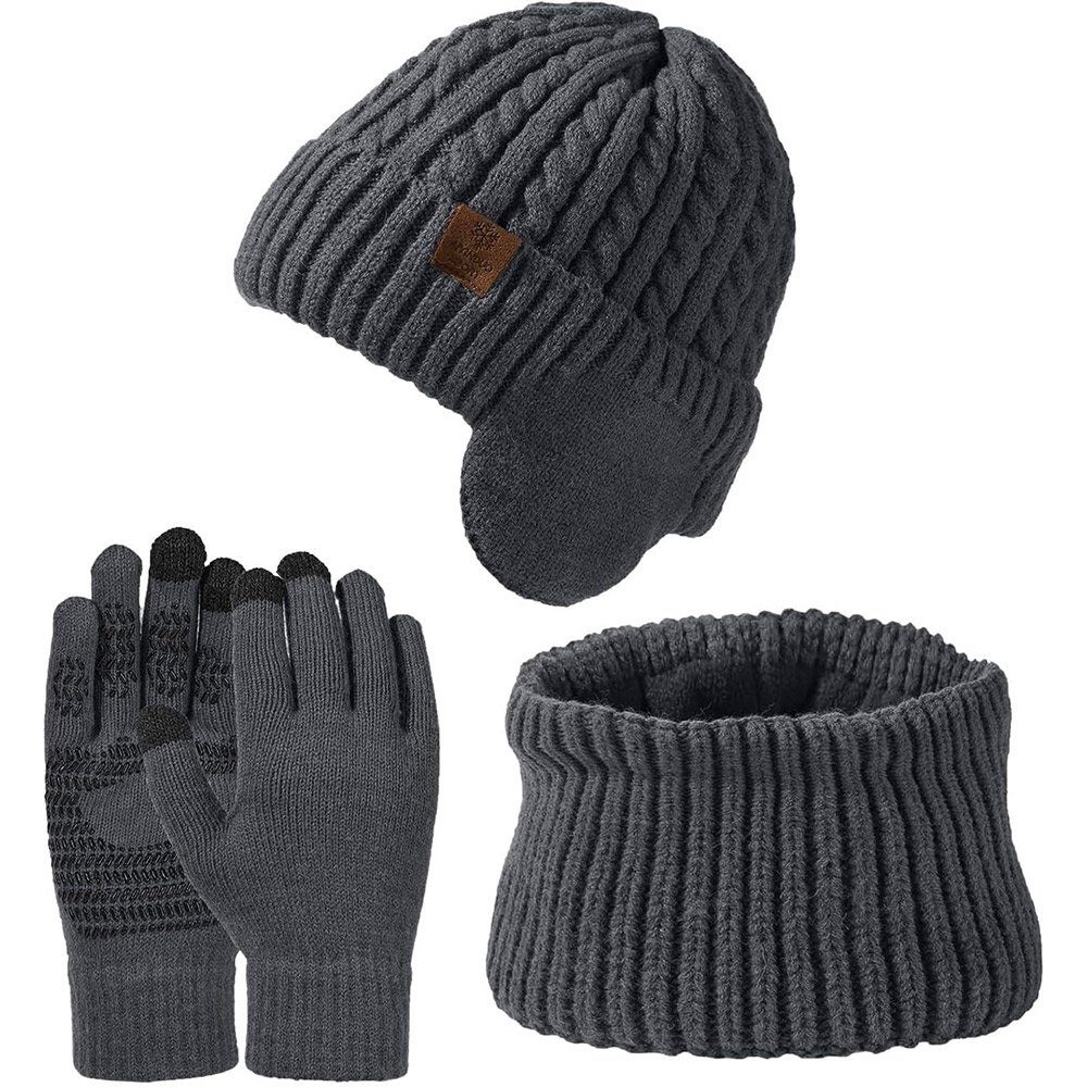 3 Schal Set Warm Mütze Geschenk & grau Handschuhe Schal GLIESE in Winter Set 1 Mütze