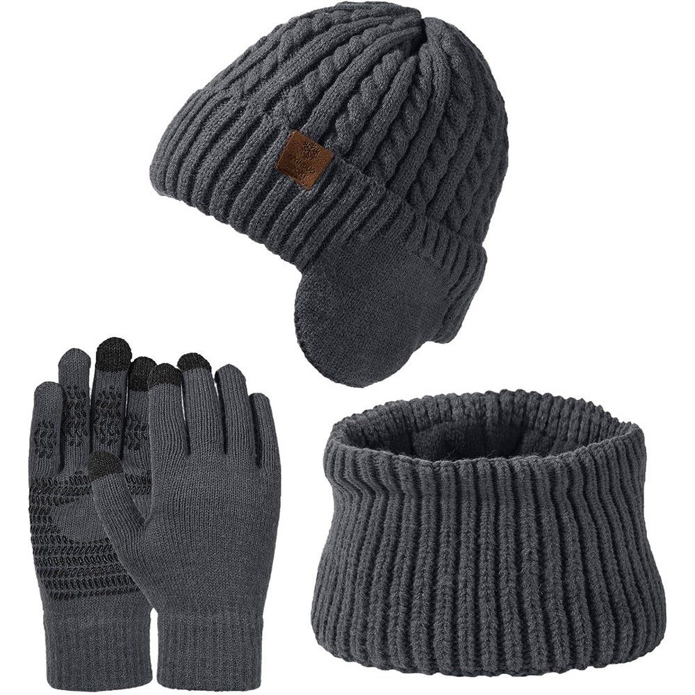 Mütze Schal GLIESE grau Mütze Geschenk Warm Handschuhe Set Schal & in Winter 3 Set 1