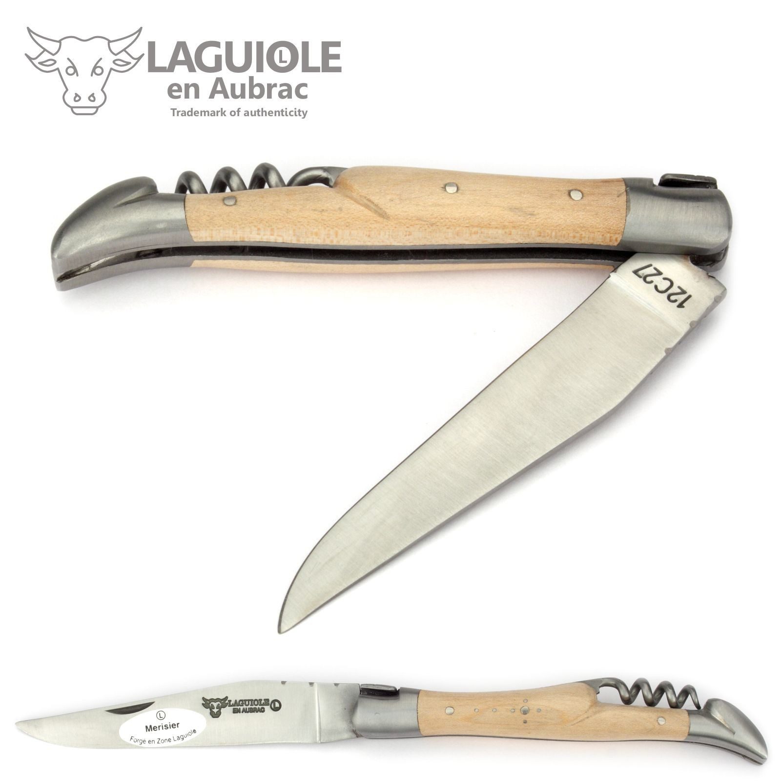 Laguiole en Aubrac Taschenmesser L0311ERIS, Griff 11cm Kirschholz - Feder verziert - Korkenzieher - Stahl matt