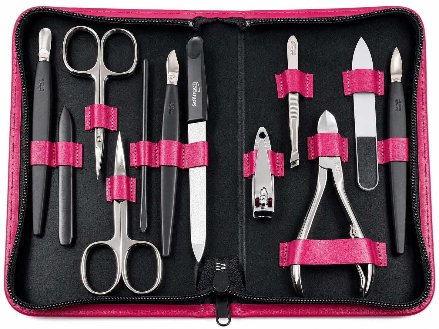 EloModa Maniküre-Kosmetik-Etui 12teiliges Solingen* Maniküre Set mit Leder-Etui Nagelpflege, Made in, 12 tlg., Made in Germany, Solinger Qualität, Echtleder-Etui, Gehärteter Stahl