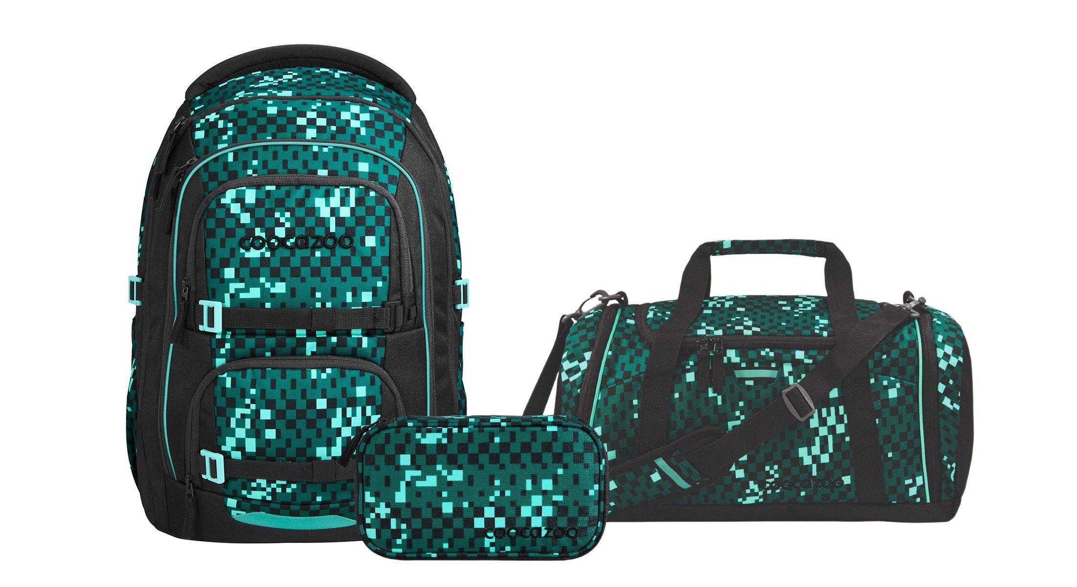 coocazoo Schulranzen Schulrucksack-Set PORTER, Pixel Blox 3-teilig (3-teilig), ergonomisch, Körpergröße: 135 - 180 cm, Easy-Grow-System