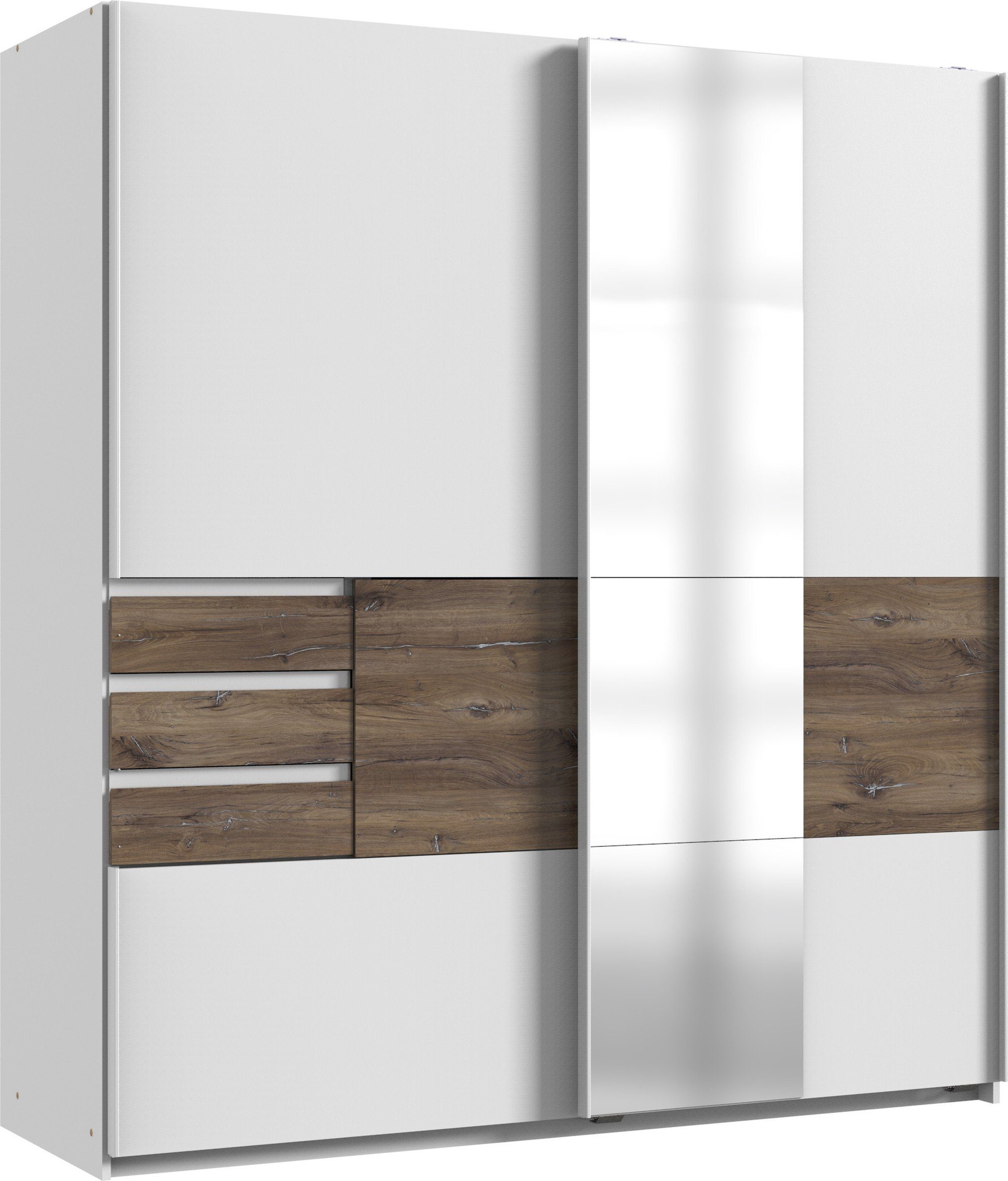 freiraum Schwebetürenschrank Bamberg (BxH: 180x198 cm) in WEISS + FLAGSTAFF EICHE NB mit 3 Schubladen und 2 Türen