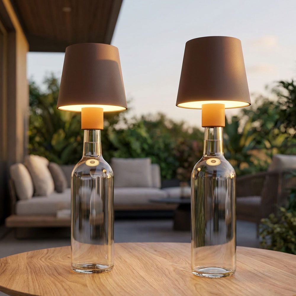 GLOBO LIGHTING LED Außen-Tischleuchte, LED-Leuchtmittel fest verbaut, Warmweiß, 2x Flaschenleuchte Außen Innen Tischlampe braun LED Touchdimmer