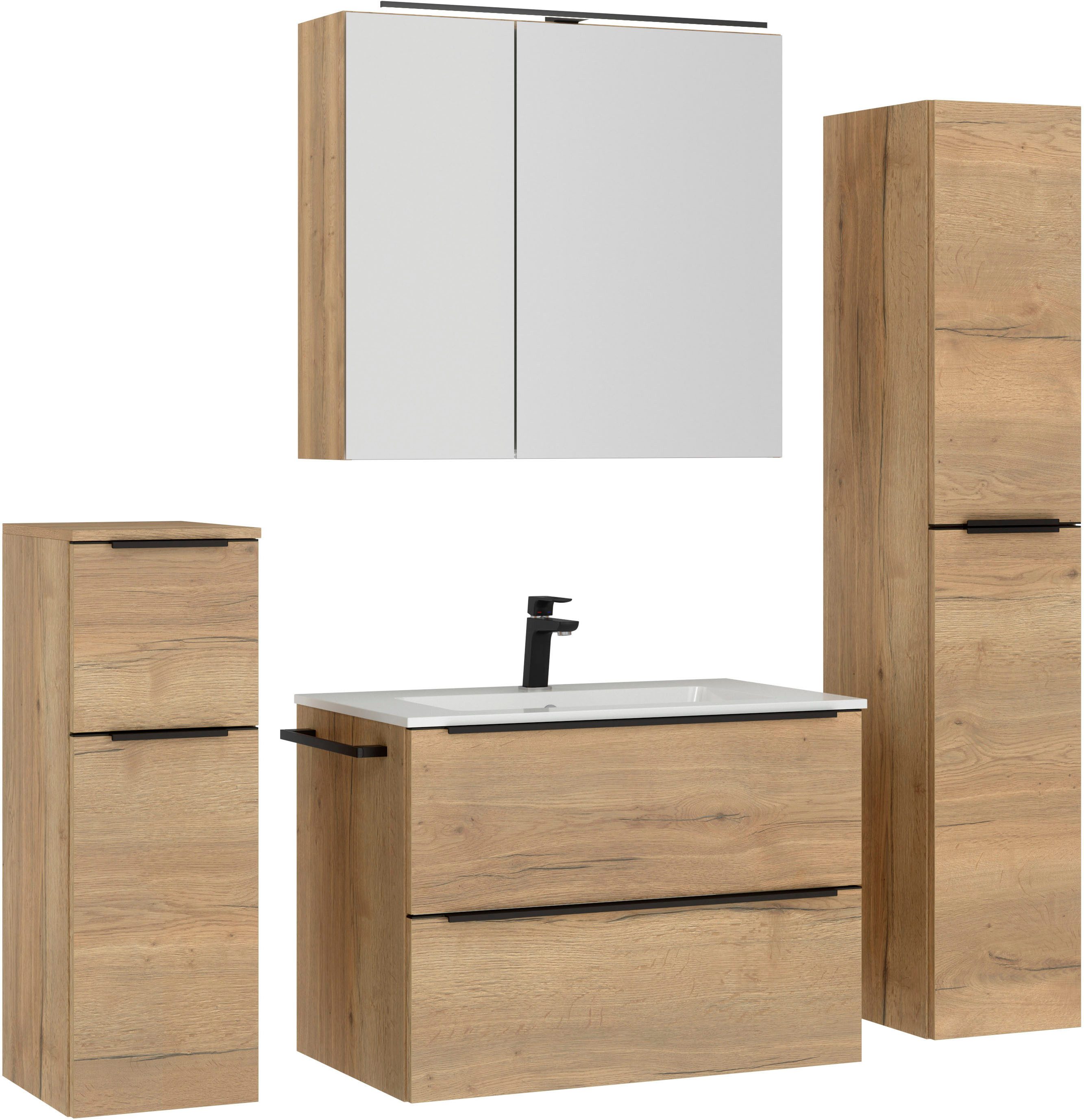 nobilia® Badmöbel-Set Levere, (4-St., vormontiert, mit Soft-Close), inkl. Spiegelschrank mit Beleuchtung und Dimmerfunktion, in 4 Breiten