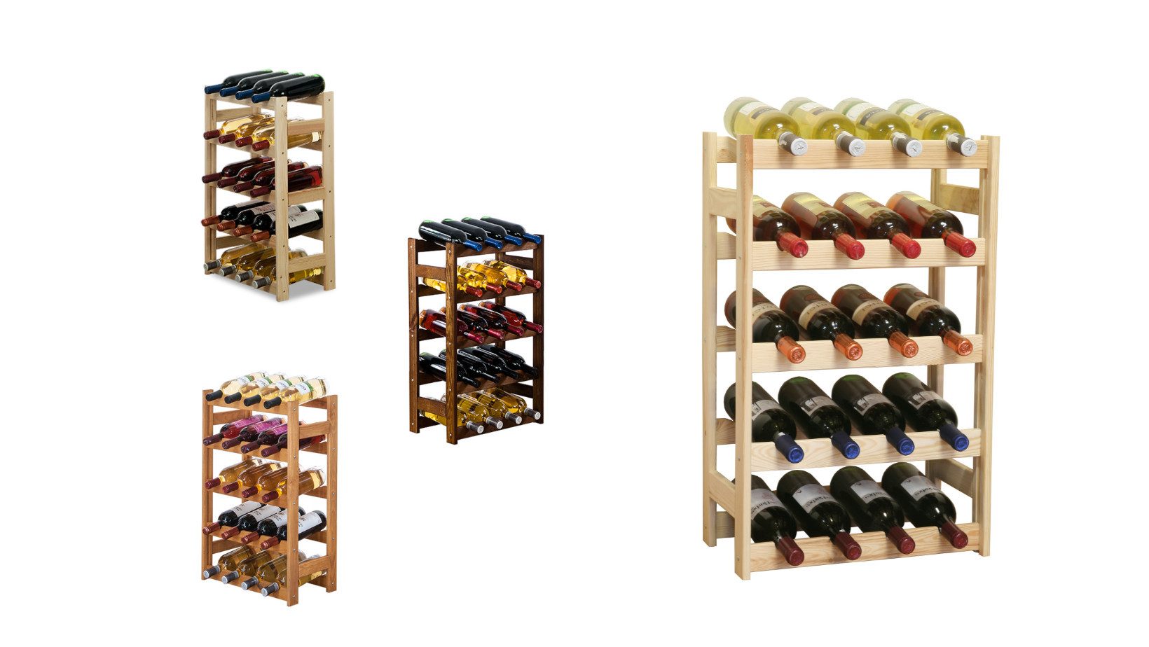 Modo24 Weinregal Flaschenregal Holzregal Flaschenständer Varianten 12 bis 91 Flaschen, RW1 Getränkeregal, 3 Farben, FSC Holz Nachhaltig