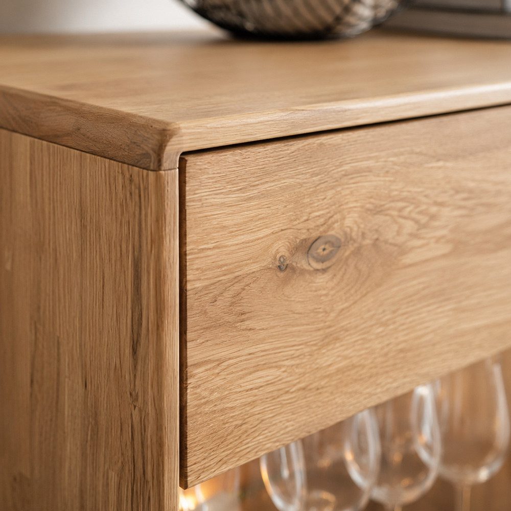 Lomadox Highboard WISLA-69, Massiv Wildeiche geölt, 149 cm, Griffeinfräsung, Softclose, montiert