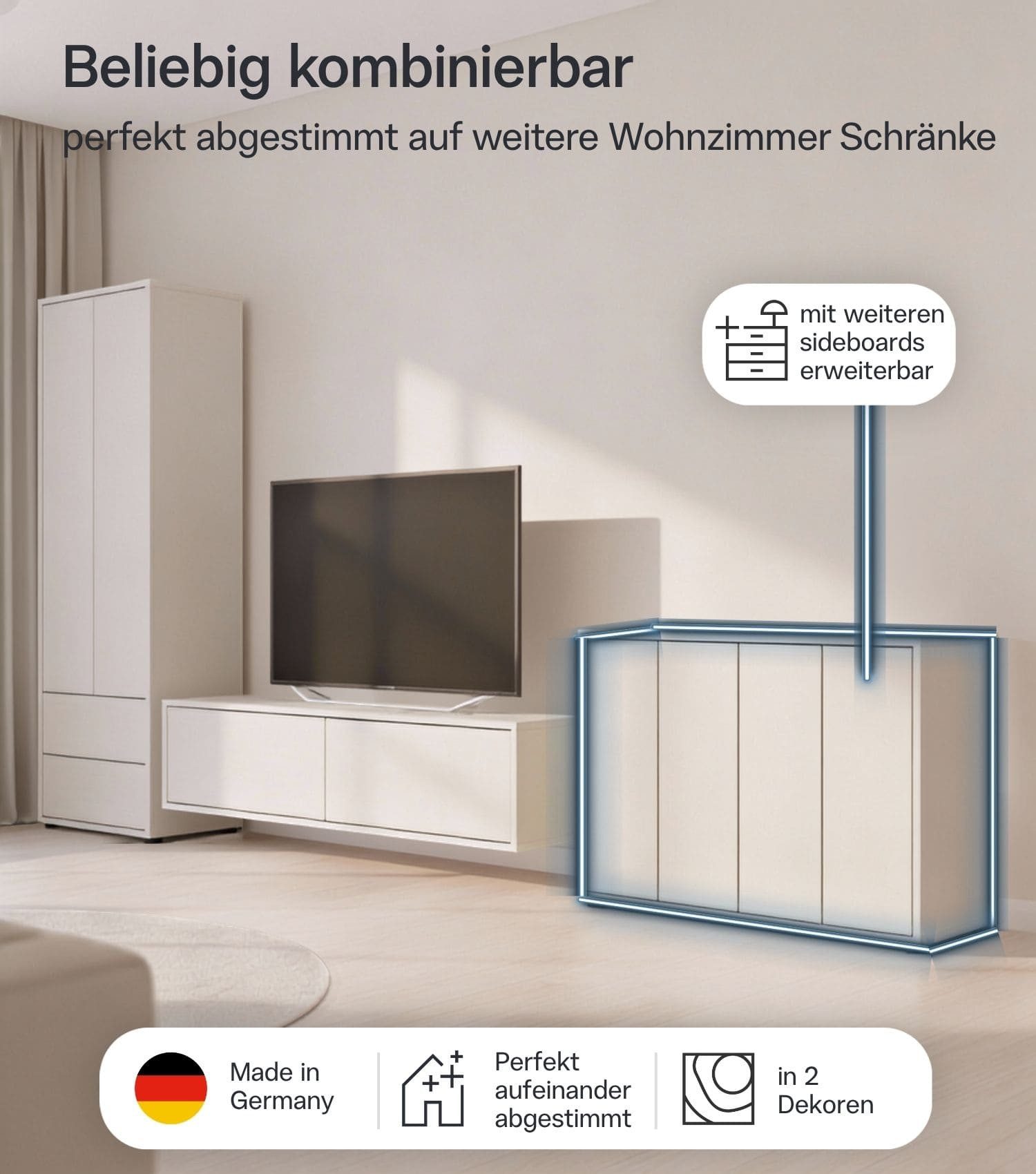 mokebo Sideboard 'Horizon' Holz Kommode Push-to-Open Türen Schrank (73x136 cm, mit Einlegeböden), Made in Germany, Kommode Beige, Beistellschrank, Anrichte in K – Bild 4 von 5