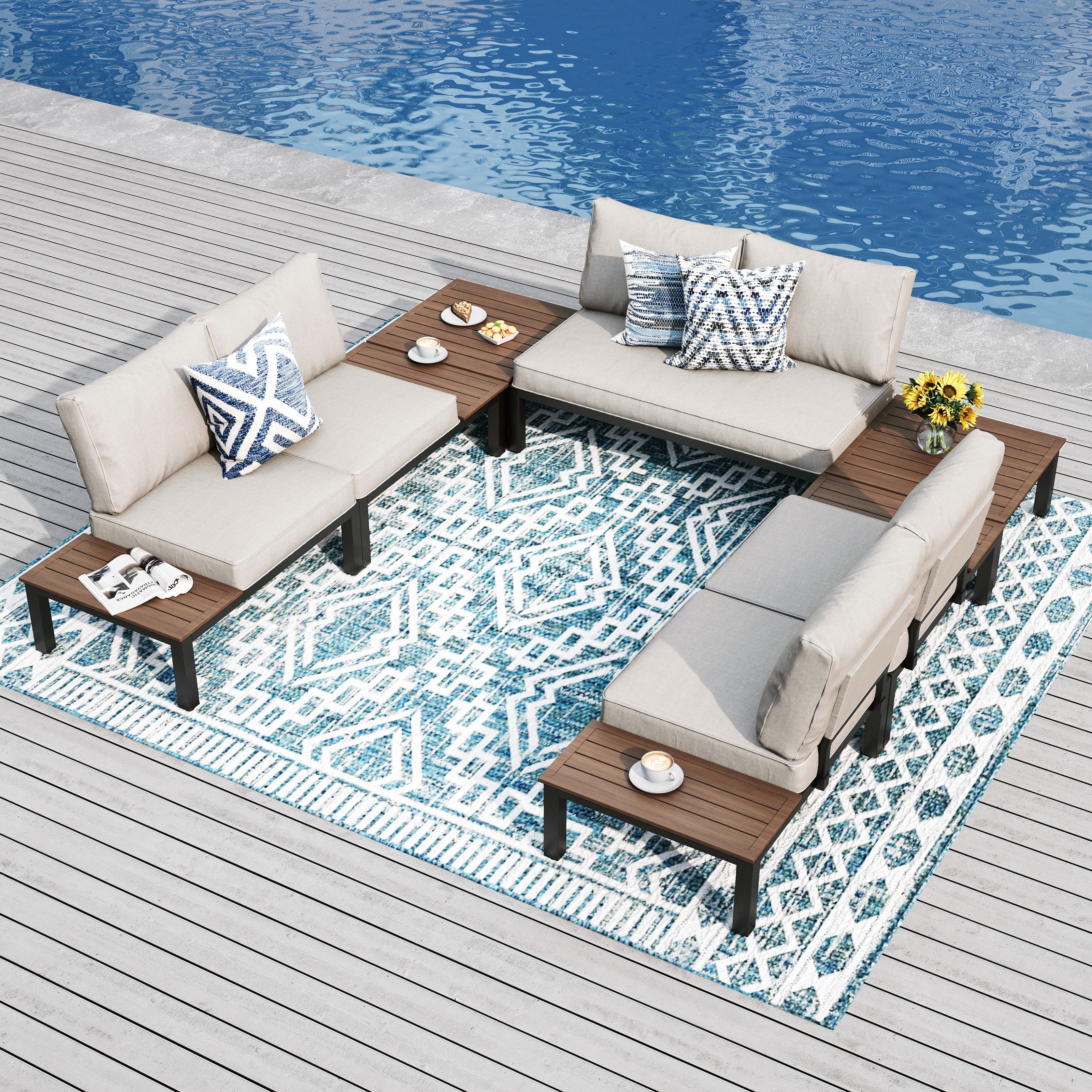 PHI VILLA Gartenlounge-Set, (Gartenmöbel Balkonmöbel mit Verstärkten Kissen und Kaffeetisch), Metall Lounge Möbel Outdoor Gartenlounge, Beige