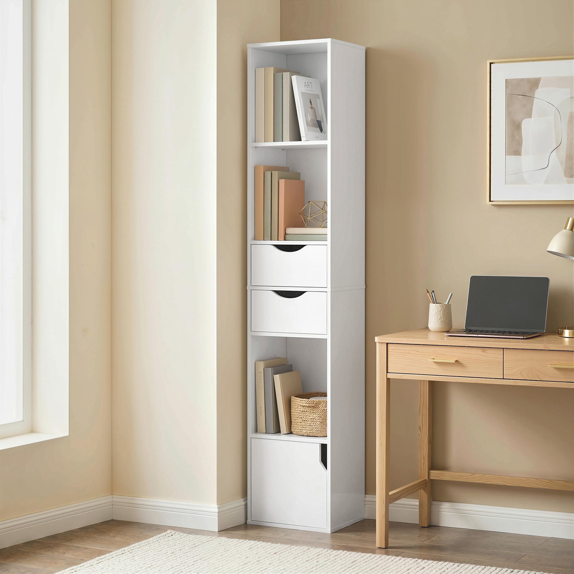 HOMCOM Bücherregal Bücherschrank Aktenschrank mit 3 offenen Regalebenen, Set 1-tlg., Schmal, 2 Schubladen, verstellbarer Boden